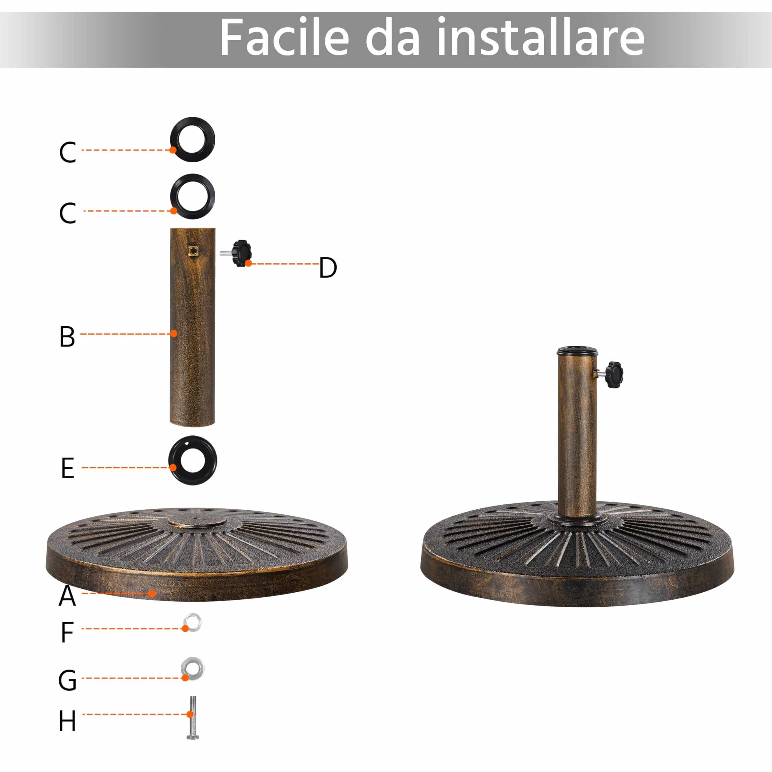 Yaheetech Base per Ombrellone da Giardino in Resina e Metallo Supporto 12 kg per Pali da Ø38mm o Ø48mm con Manopola per Esterno Veranda Terrazza Piscina Spiaggia Patio, Bronzo