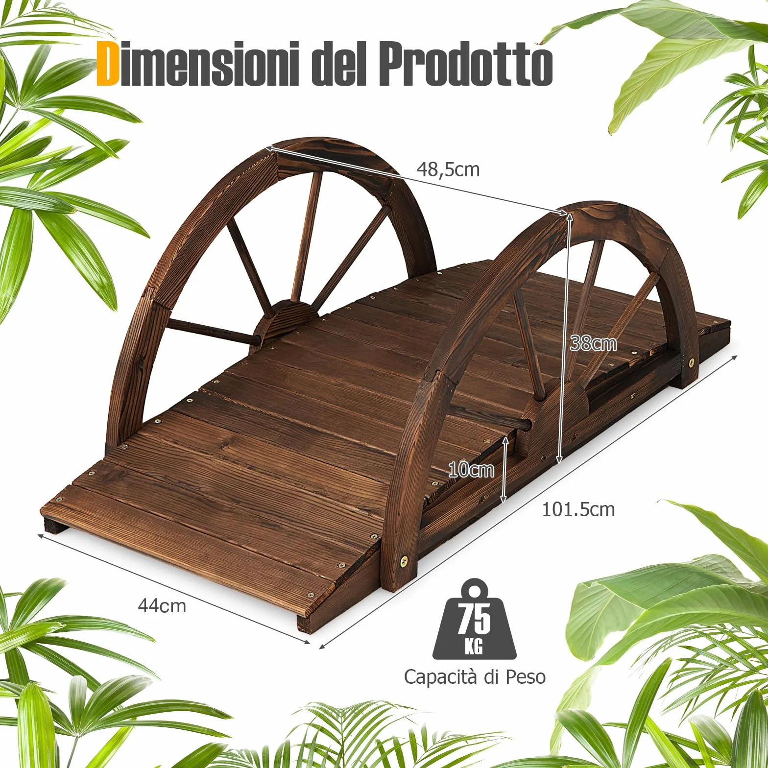 GYMAX Ponte da Giardino in Legno, con Ringhiera di Sicurezza a Forma di Ruota Finitura Tinta, da Esterno per Cortile Giardino Torrente Fattoria, 101,5 x 48,5 x 38 cm