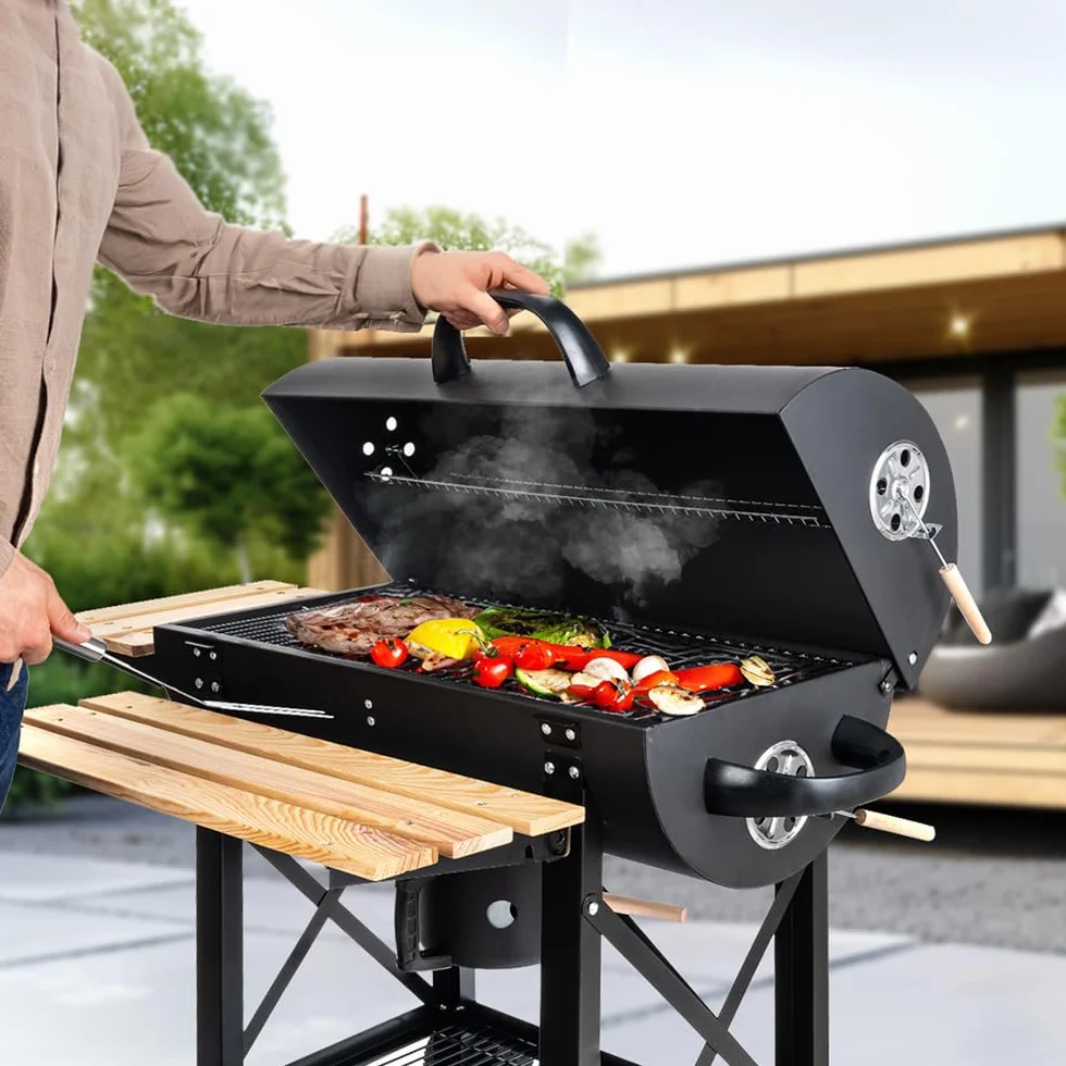 LEHMANN Barbecue a Carbonella con Griglia XL, Carrello Grill con Due Ripiani in Legno