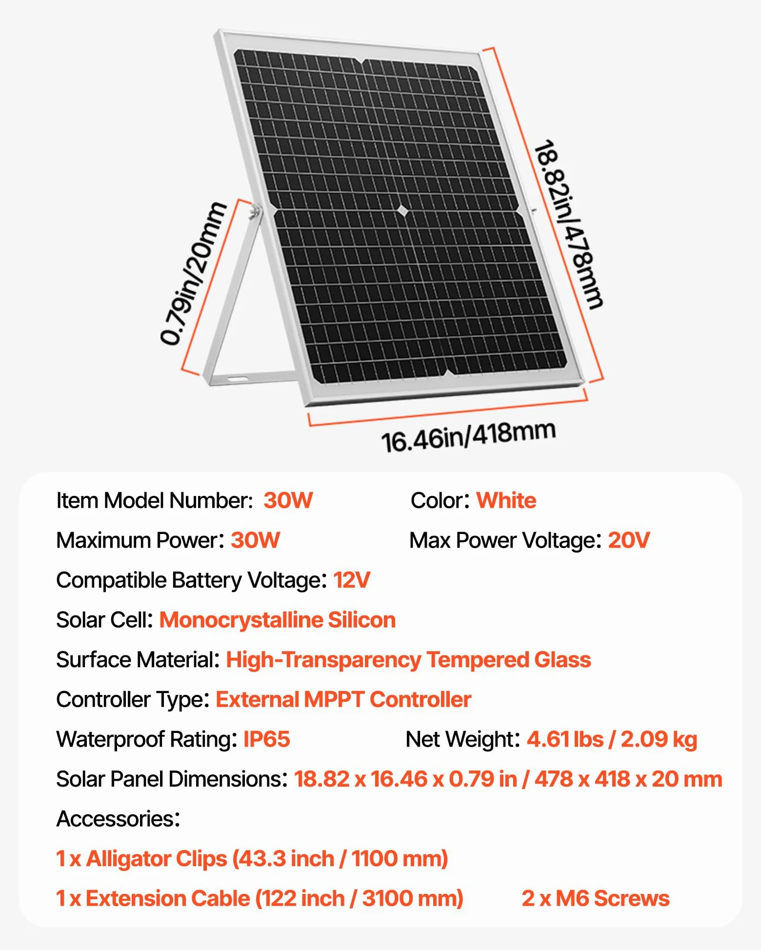 VEVOR Caricabatteria Solare 30 W 12 V MPPT Regolatore IP67 Impermeabile