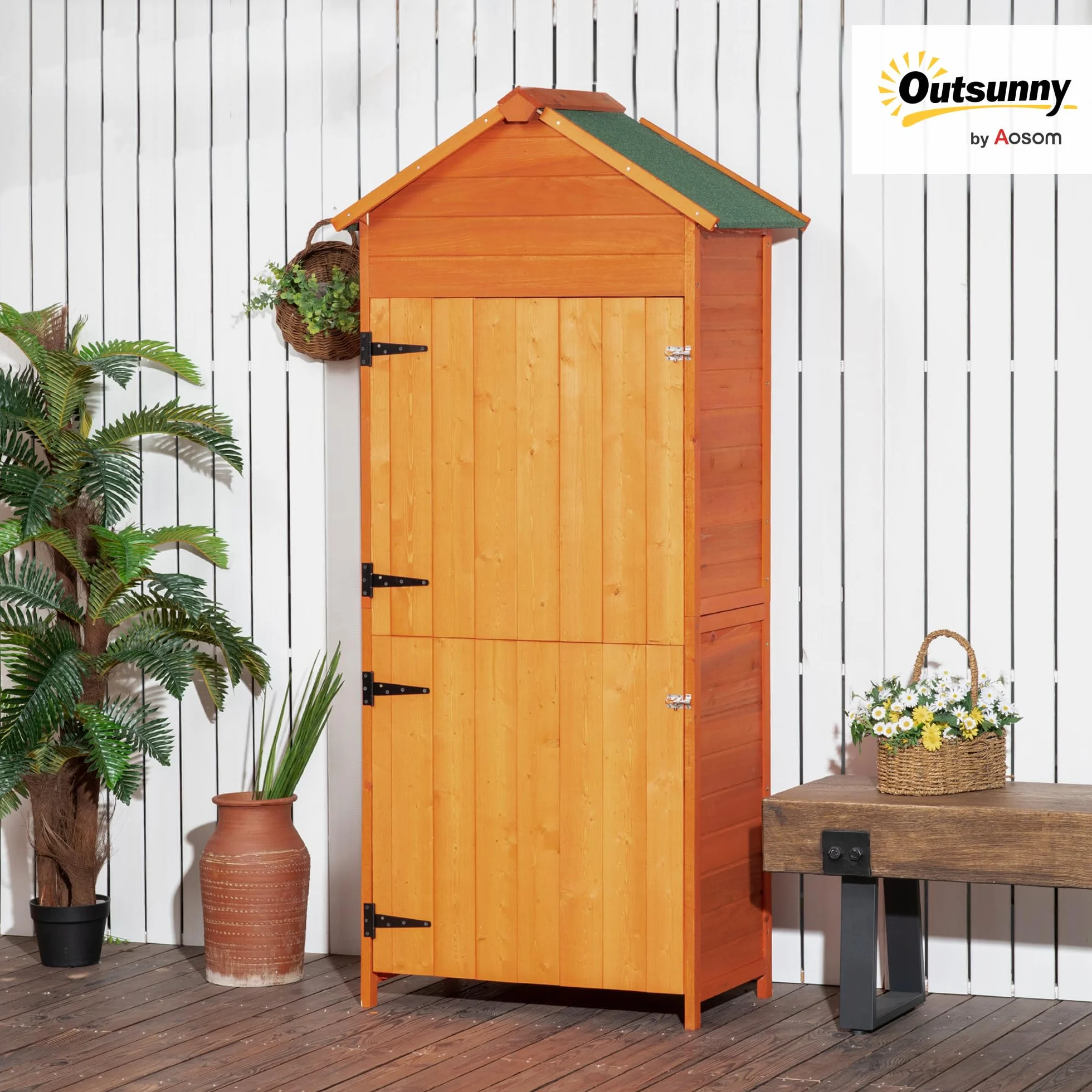 Outsunny Casetta da Giardino in Legno 2 Ante Armadio da Esterno 3 Ripiani 84x52x188cm