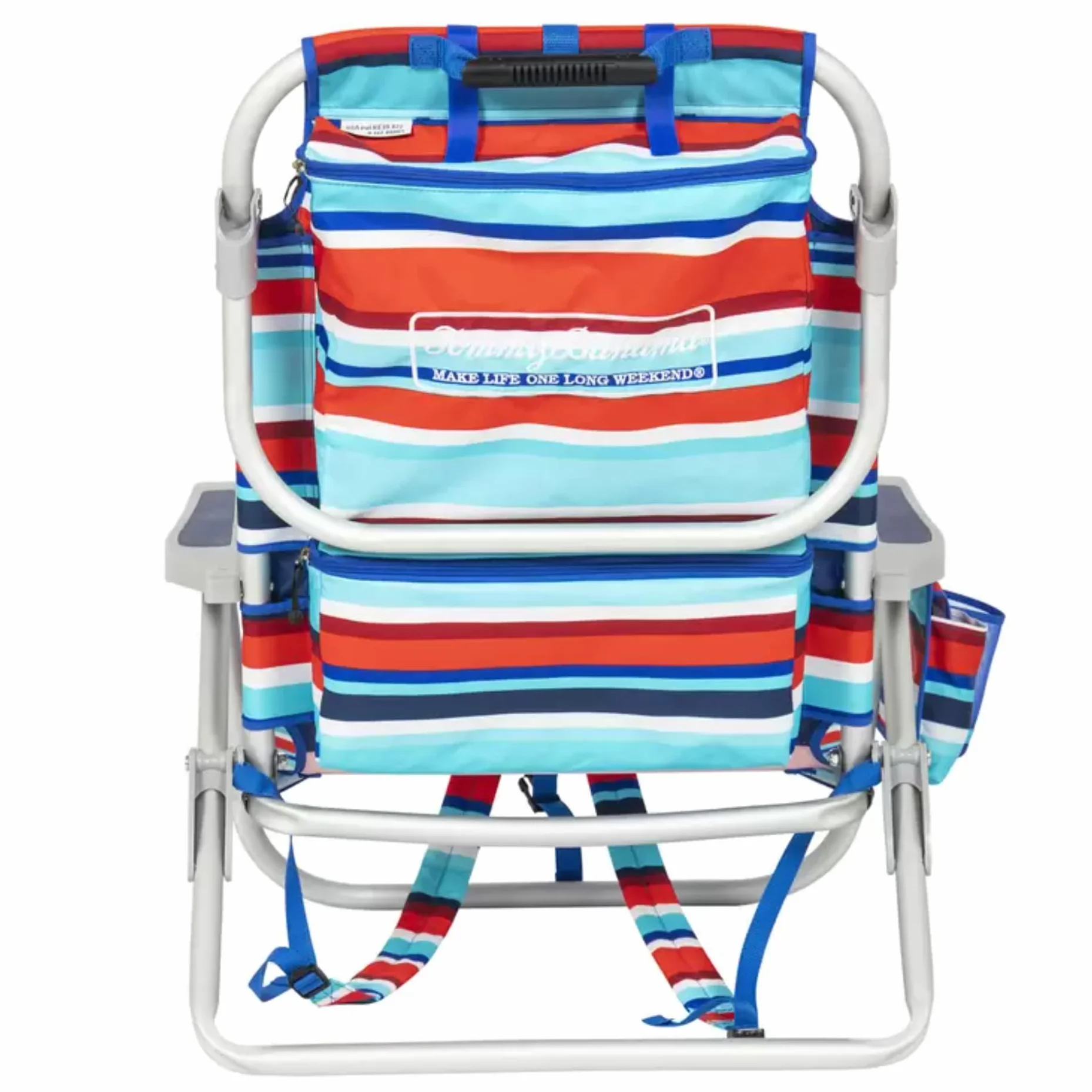 Tommy Bahama Sedia da Spiaggia Zaino Modello 2025 – Pieghevole, Regolabile e Leggera | 5 Posizioni | Design Tropicale | Struttura in Alluminio | Righe Rosse/Verde Acqua