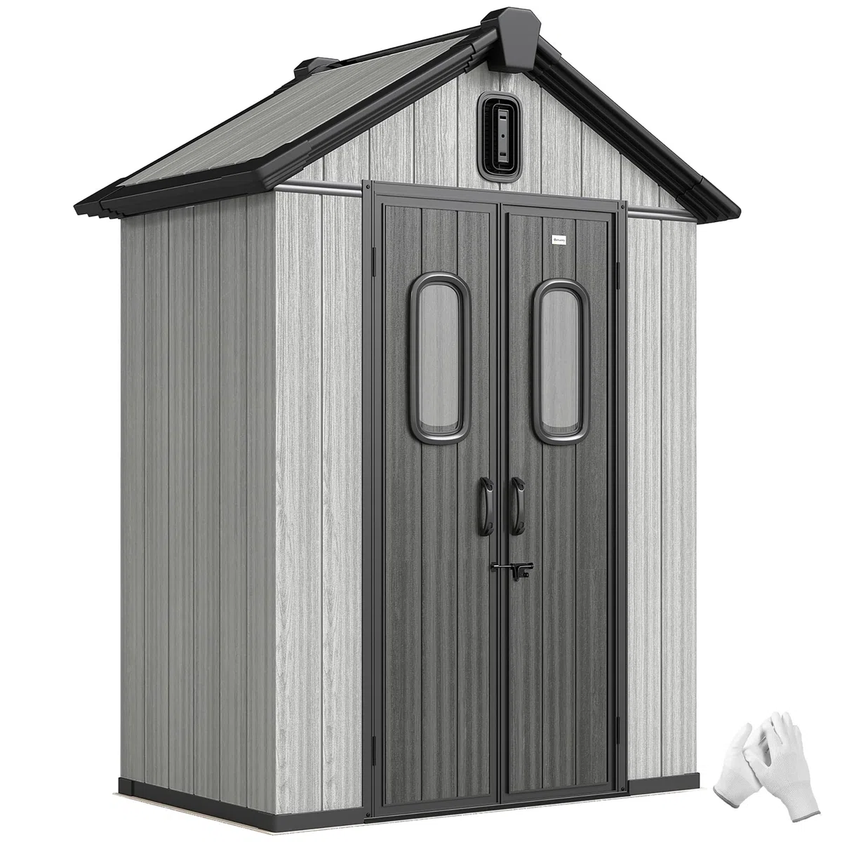 Outsunny Casetta da Giardino 1.3m² in Plastica con Pavimento, Telaio Metallo, Capanno da Giardino Porta Attrezzi con Prese d'Aria, 2 Finestre, Doppia Porta Bloccabile, Tetto Inclinato, Grigio