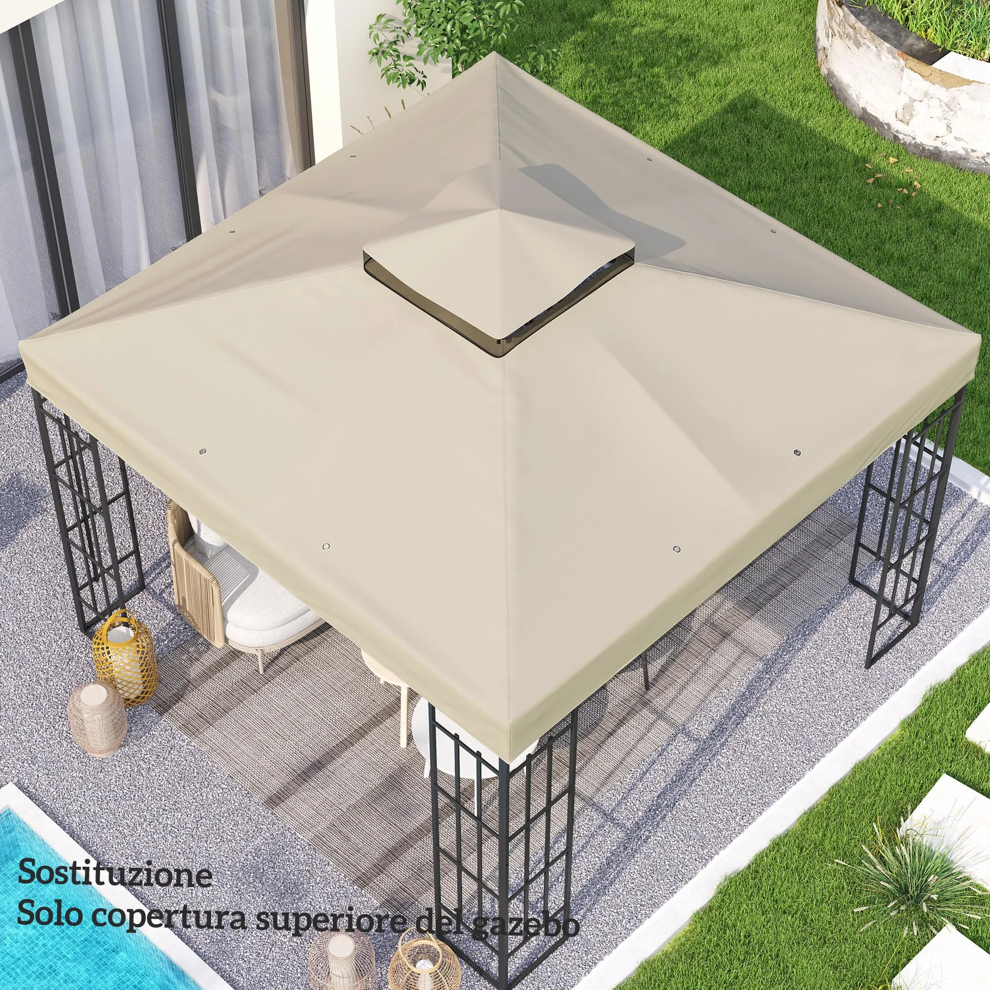 Outsunny Tetto di Ricambio per Gazebo 3x3 m 2 Livelli, Telo Copertura Resistente all'Acqua in Tessuto Oxford 370g/㎡ Anti-UV 30+ con Fori di Drenaggio, Crema