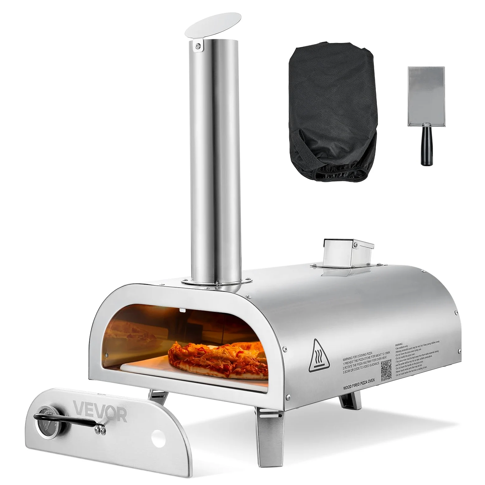 Pizzaoven VE VOR Forno per Pizza da Esterno Portatile 12 Pollici a Legna con Termometro Integrato Argento