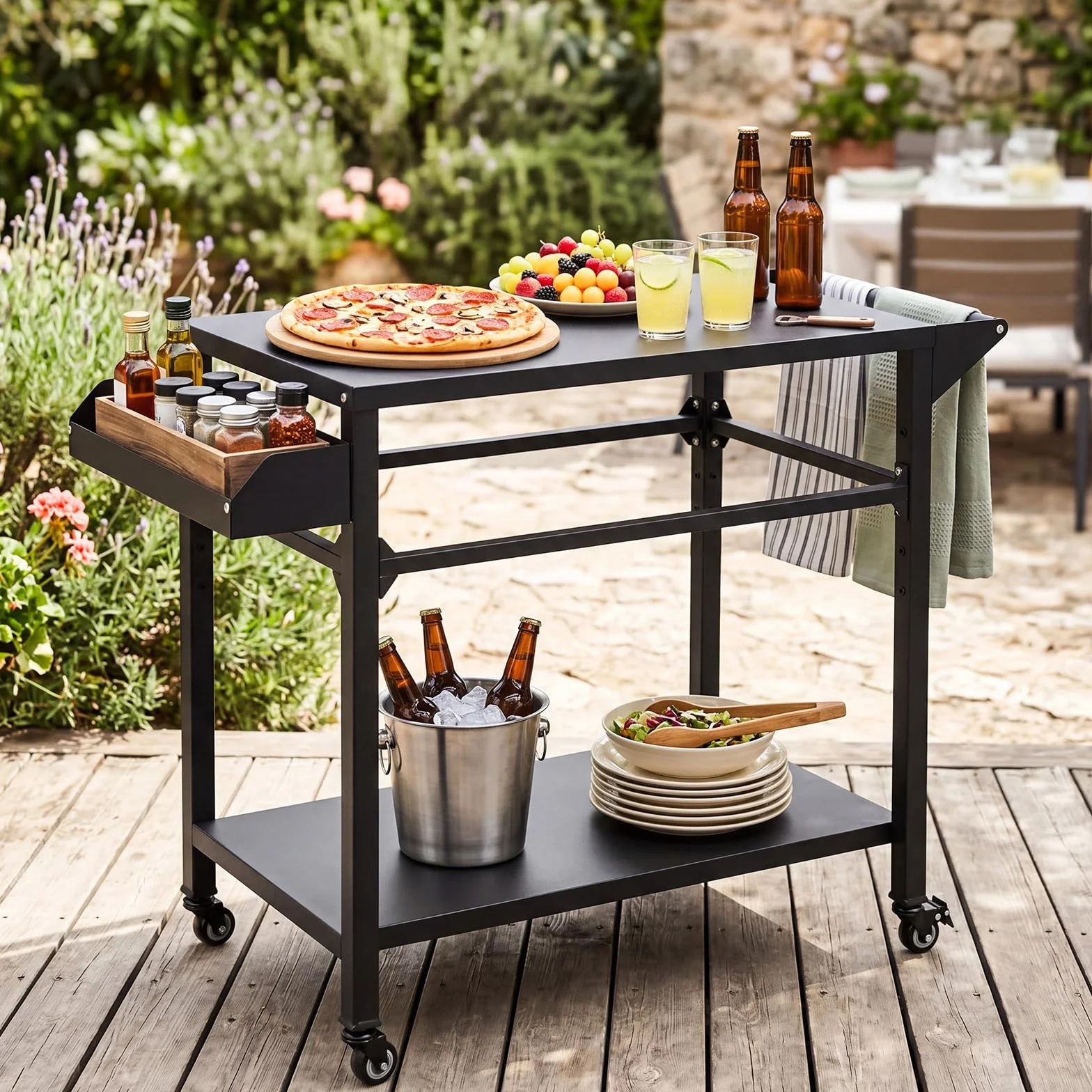 COSTWAY Carrello per Barbecue 4 Ruote, Carrello Cucina da Esterno BBQ Metallo 100x80x45 cm