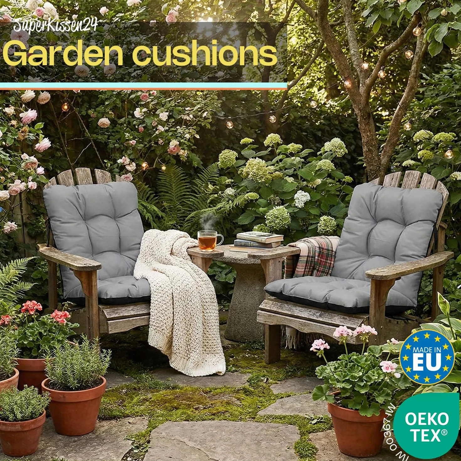 SuperKissen24. Set di 2 Cuscini per Sdraio 96x48 cm da Esterno ed Interno Resistente e Comodo per Sedie Reclinabili, Spiaggine e Poltrone da Giardino - Grigio
