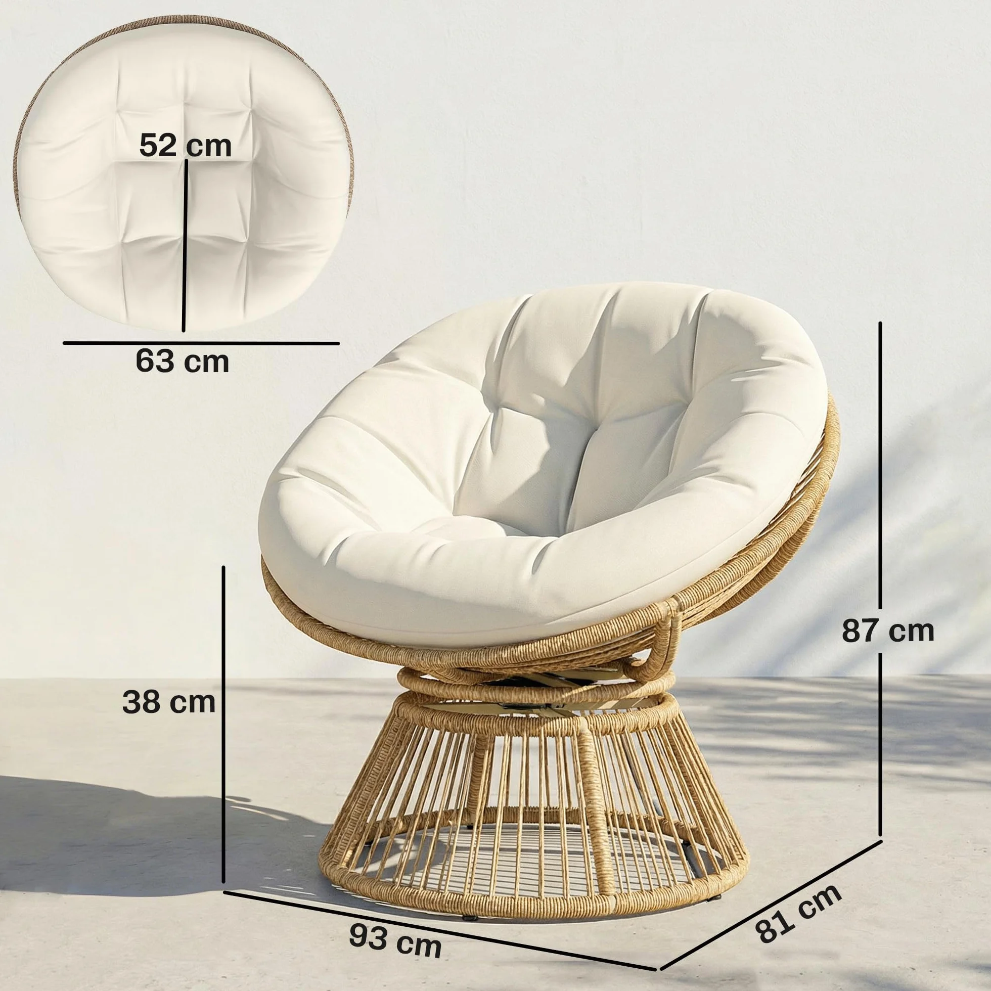 Outsunny Poltrona Papasan in Rattan Girevole a 360°, Poltrona da Giardino Girevole con Cuscino Oversize da 110 cm e Struttura in Acciaio, per Interni ed Esterni, Bianco Crema