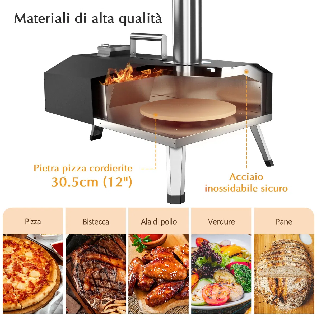 Forno per Pizza da Esterno KitchenBoss Acciaio Inox 12'' Palla e Pietra per Pizza Pellet Carbone Bricchette
