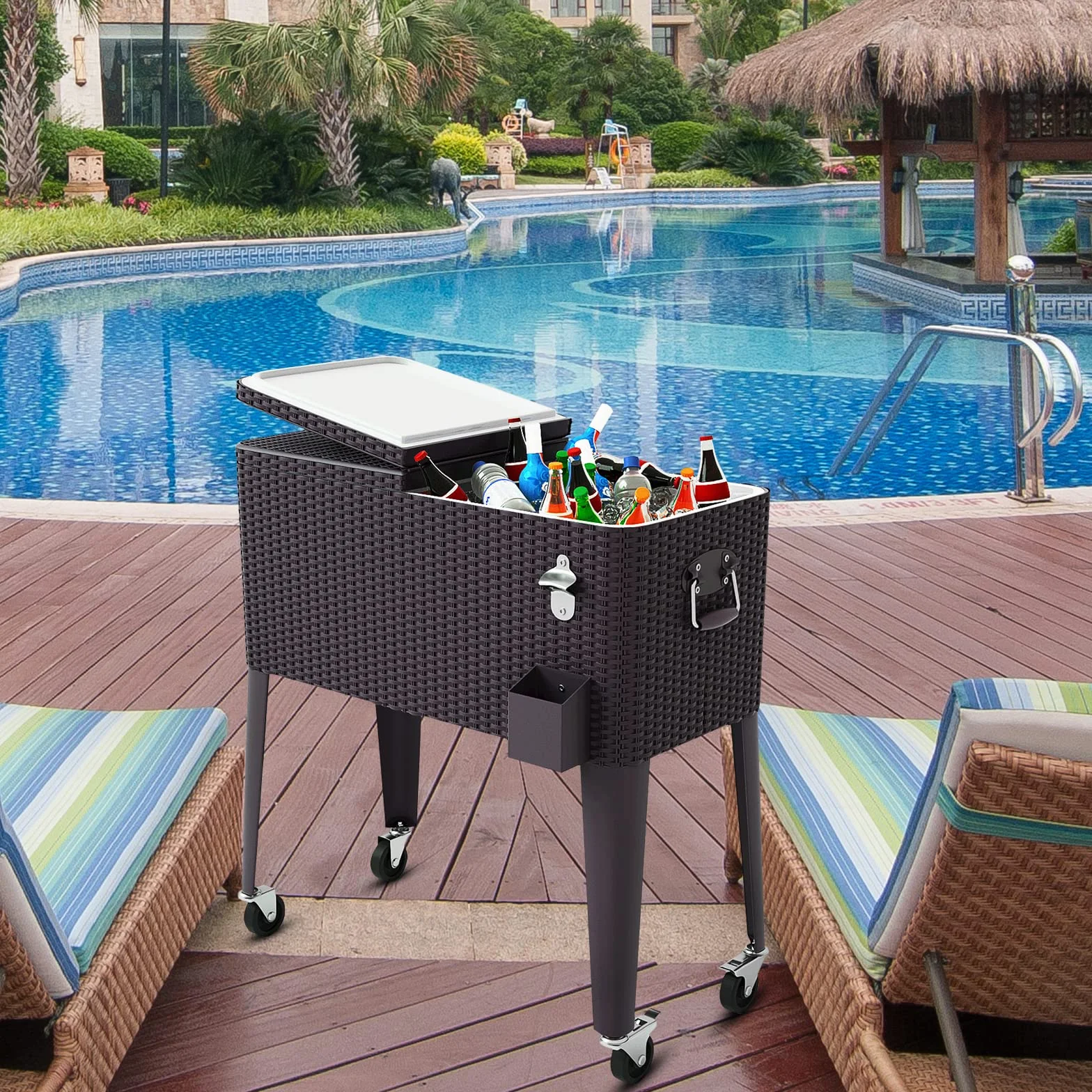 COSTWAY Carrello Portavivande Refrigerante Rattan 76L, Carrello Portaghiaccio con Ruote Bloccabili, Apribottiglie, 83x48x87 cm