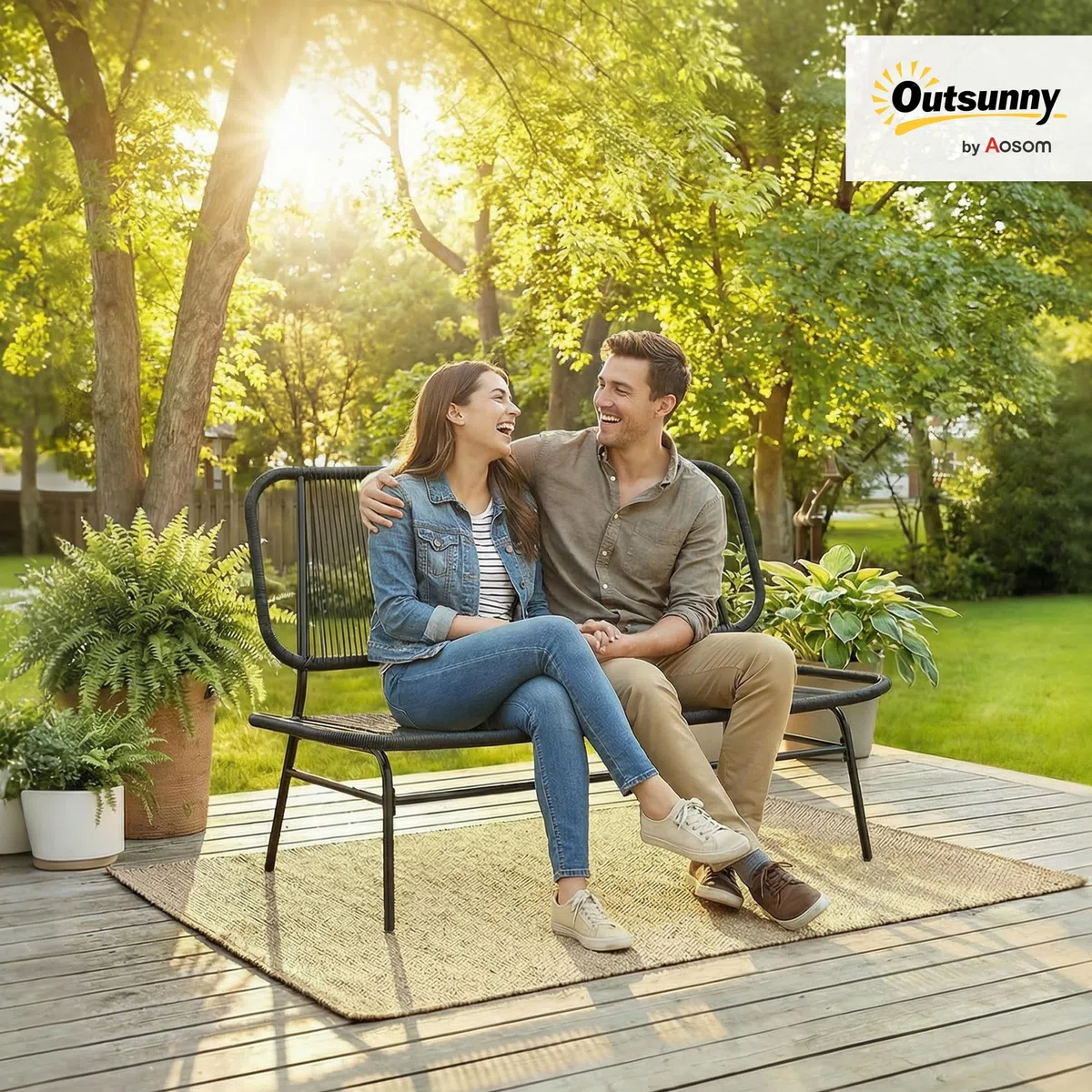 Outsunny Divano da Giardino 2 Posti in Rattan PE, Divanetto da Esterno Seduta e Schienale Intrecciati, Telaio in Acciaio, Divano da Esterno, per Terrazza e Cortile, Capacità 240 kg, Nero