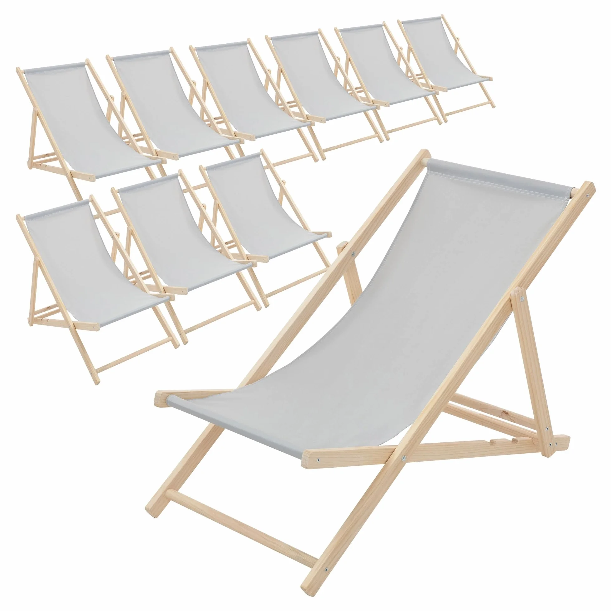 ECD Germany 10x Sedie a Sdraio Pieghevole in Legno con Tessuto Traspirante Grigio Chiaro Schienale Reclinabile in 3 Posizioni, Lettino Relax con Portata 120 kg per Spiaggia, Giardino e Terrazza