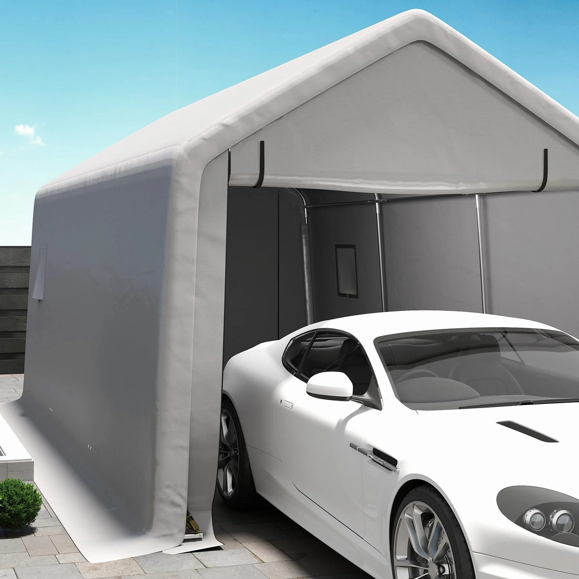 Outsunny Carport tenda da garage 3 x 5,2 m, tettoia per auto all'aperto, tenda di stoccaggio con porta avvolgibile rimovibile, tettoia per auto, camion, barca, grigio