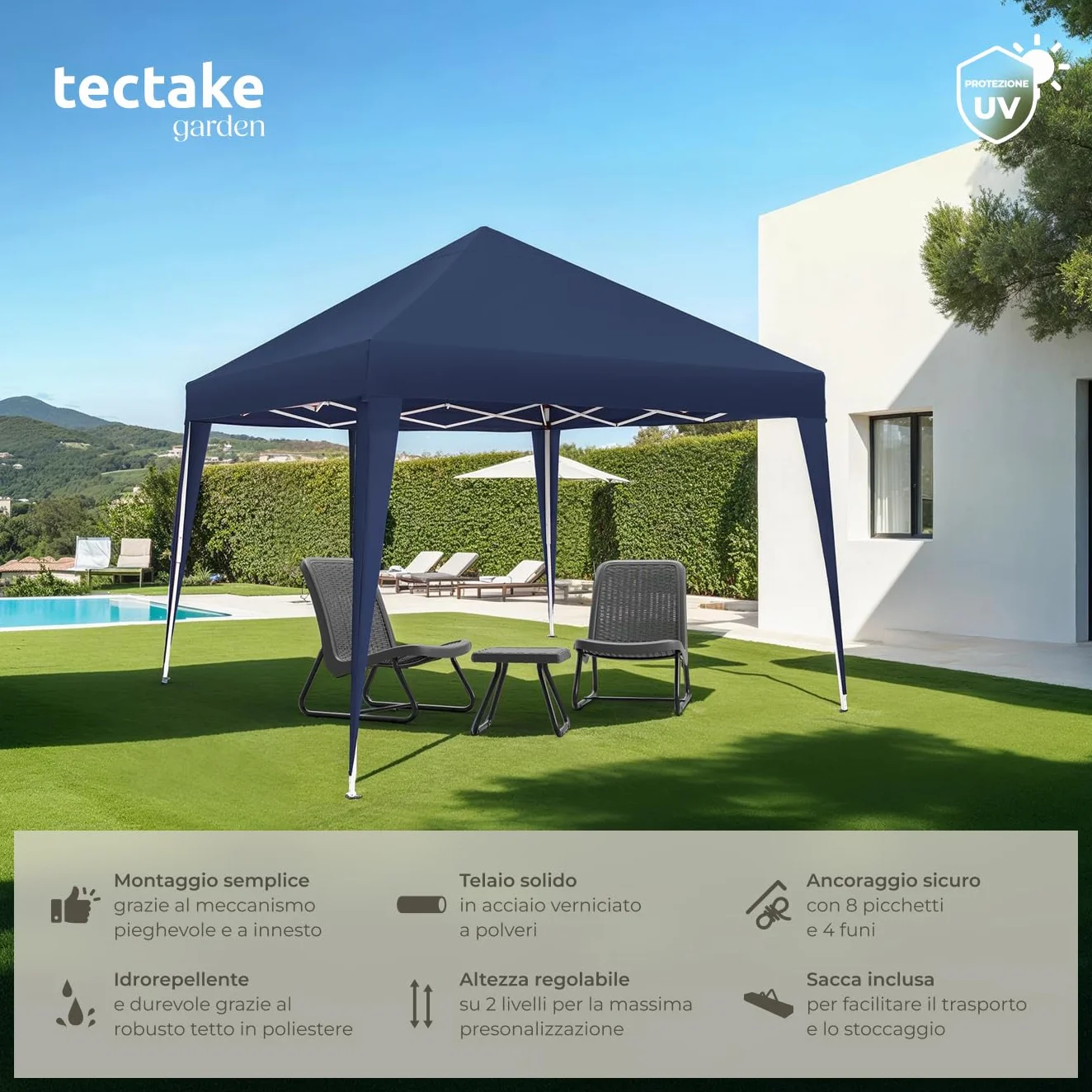 Tectake Gazebo da Giardino Regolabile 300x300x255 cm Blu - Padiglione Esterno Resistente con Telaio in Acciaio, Idrorepellente, UV