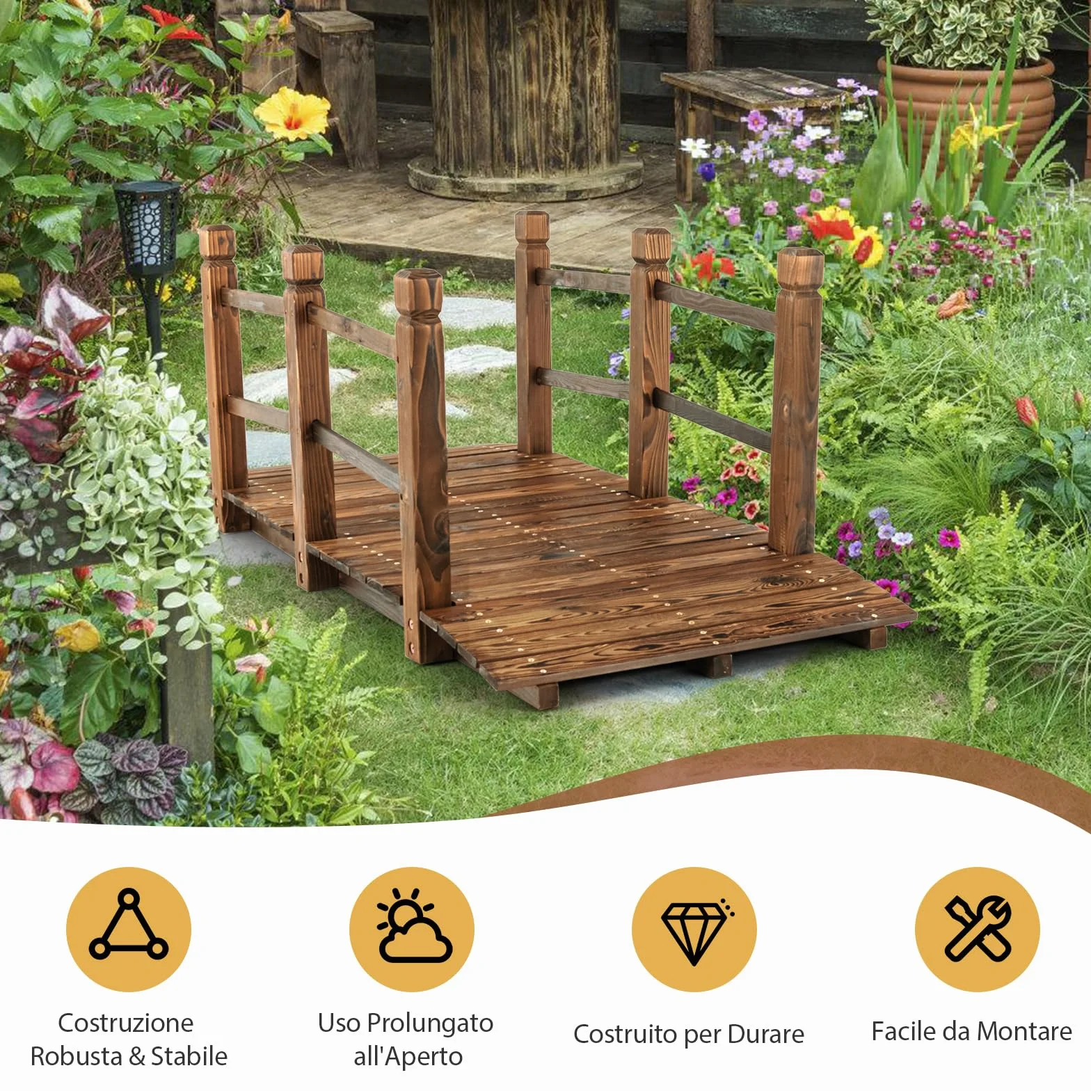 COSTWAY Ponte da Giardino in Legno, Ponte Decorativo ad Arco con Doppie Sbarre di Sicurezza, Struttura in Abete per Percorso Esterno per Cortile, Strada di Ghiaia, Ruscello, Fattoria (Legno)