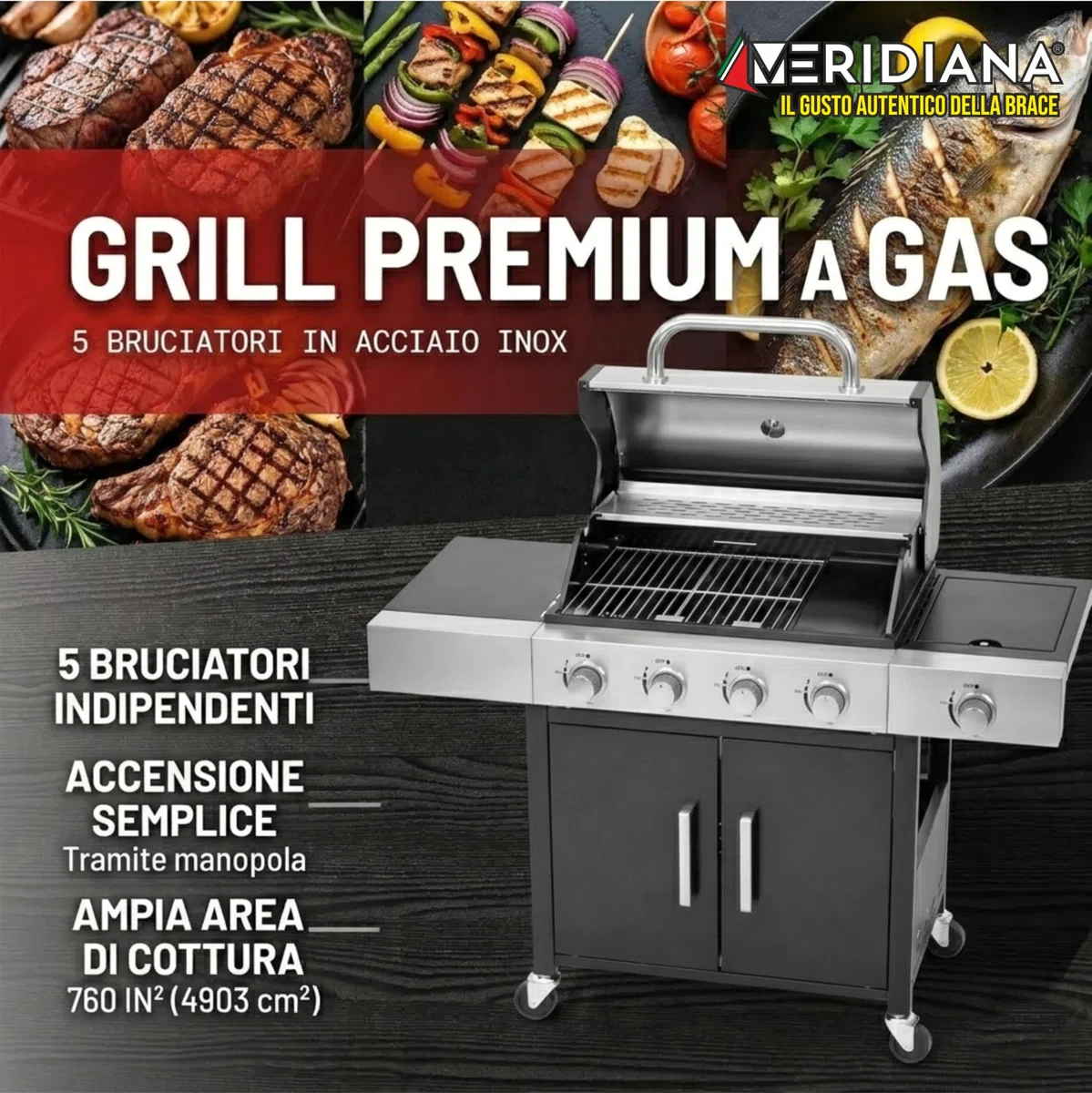 Meridiana Barbecue a Gas Professionale XXL 5 Fuochi 13 KW con Bruciatore Laterale Griglia Acciaio Ghisa