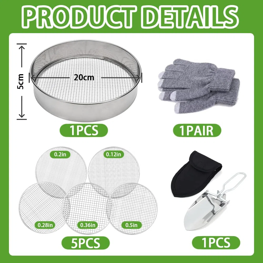 Setaccio da Giardino Rotondo 5 in1 20 cm Acciaio Inox con Inserti 3-12 mm per Terriccio Compost