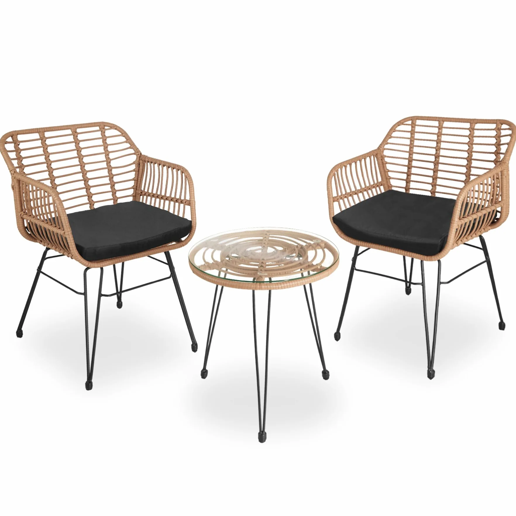 tectake Salottino in Rattan Set da Balcone 3 Pezzi 2 Sedie 120 kg Tavolo Vetro Sicuro Resistente Intemperie Terrazza Giardino Piedini Regolabili