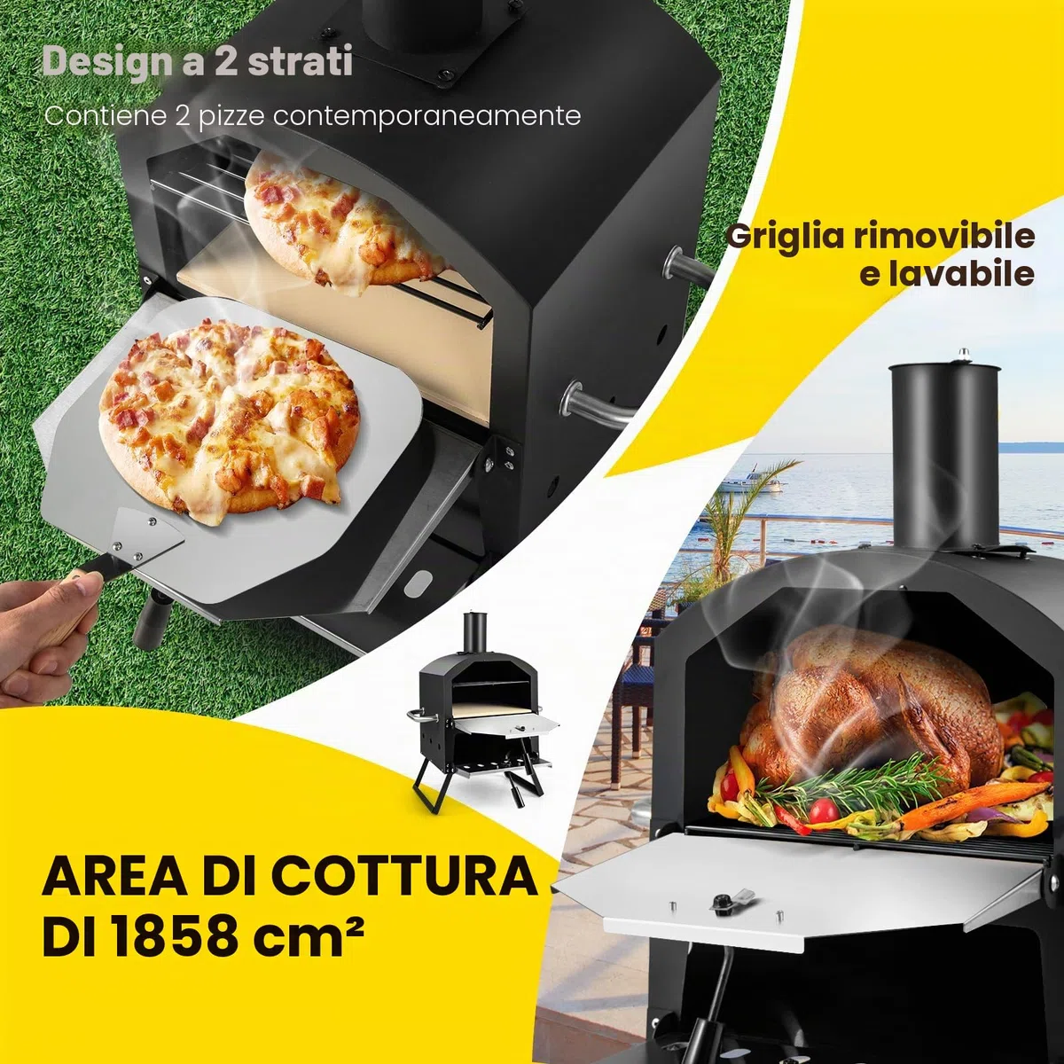 FANTASK Forno per pizza a 2 strati con pietra, griglia, pala e copertura impermeabile