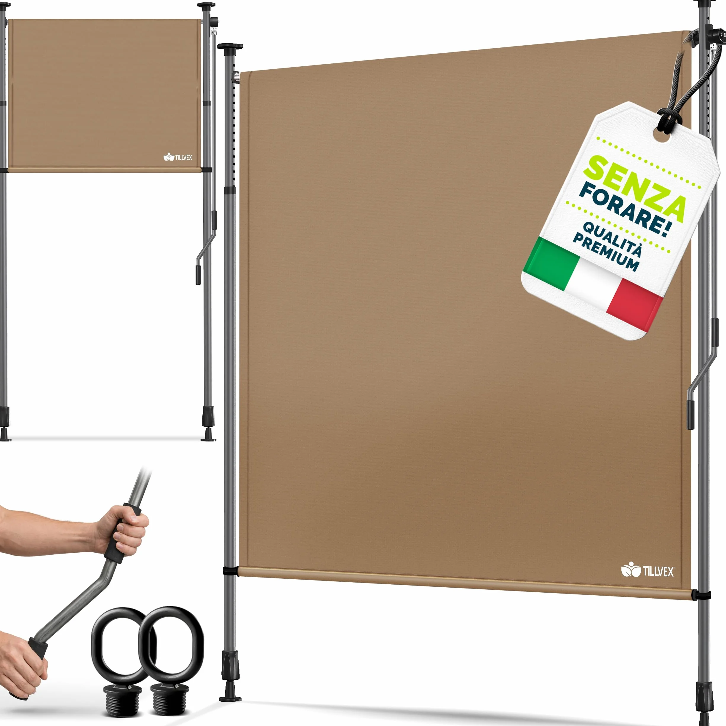 Tillvex Tenda da sole verticale per esterni 200 x 310 cm Taupe con manovella frangivista estraibile opaca balcone terrazza resistente intemperie
