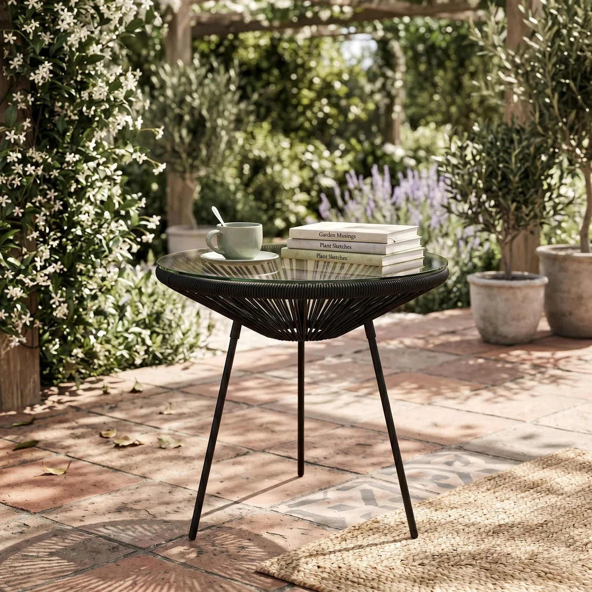 SPRINGOS Set Mobili Giardino Acapulco 2 Sedie & Tavolino Rotondo 50 cm Nero, Rattan PE Metallo Vetro Temperato, Resistente a UV e Intemperie, Design Moderno per Terrazza e Balcone, Montaggio Facile