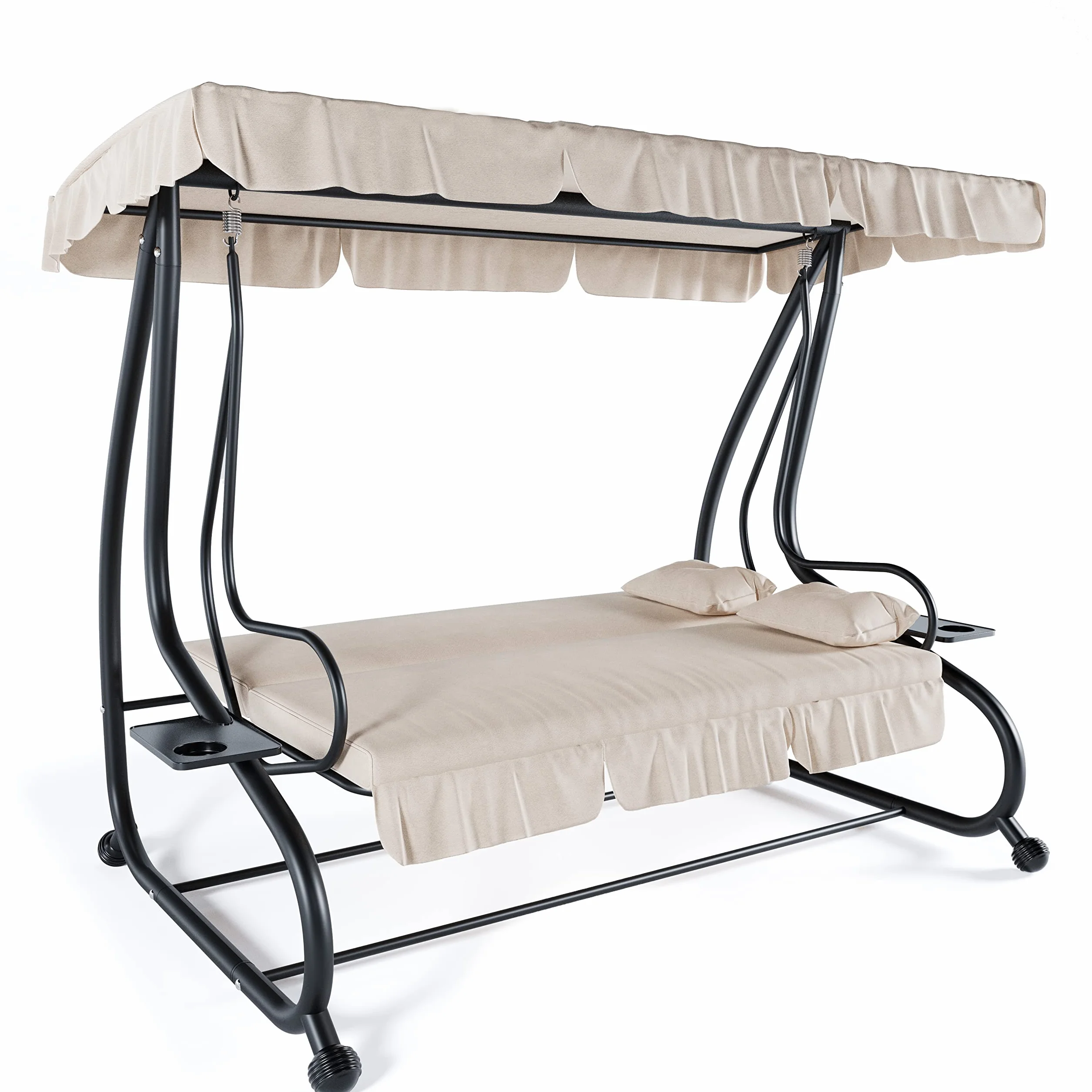 Dondolo 3 Posti Reclinabile Con Parasole Tettuccio Regolabile Cuscini Imbottiti Diventa Letto Struttura Robusta In Acciaio Verniciato Giardino Esterno Balcone Terrazzo 200 x 120 x 160 cm (Beige)