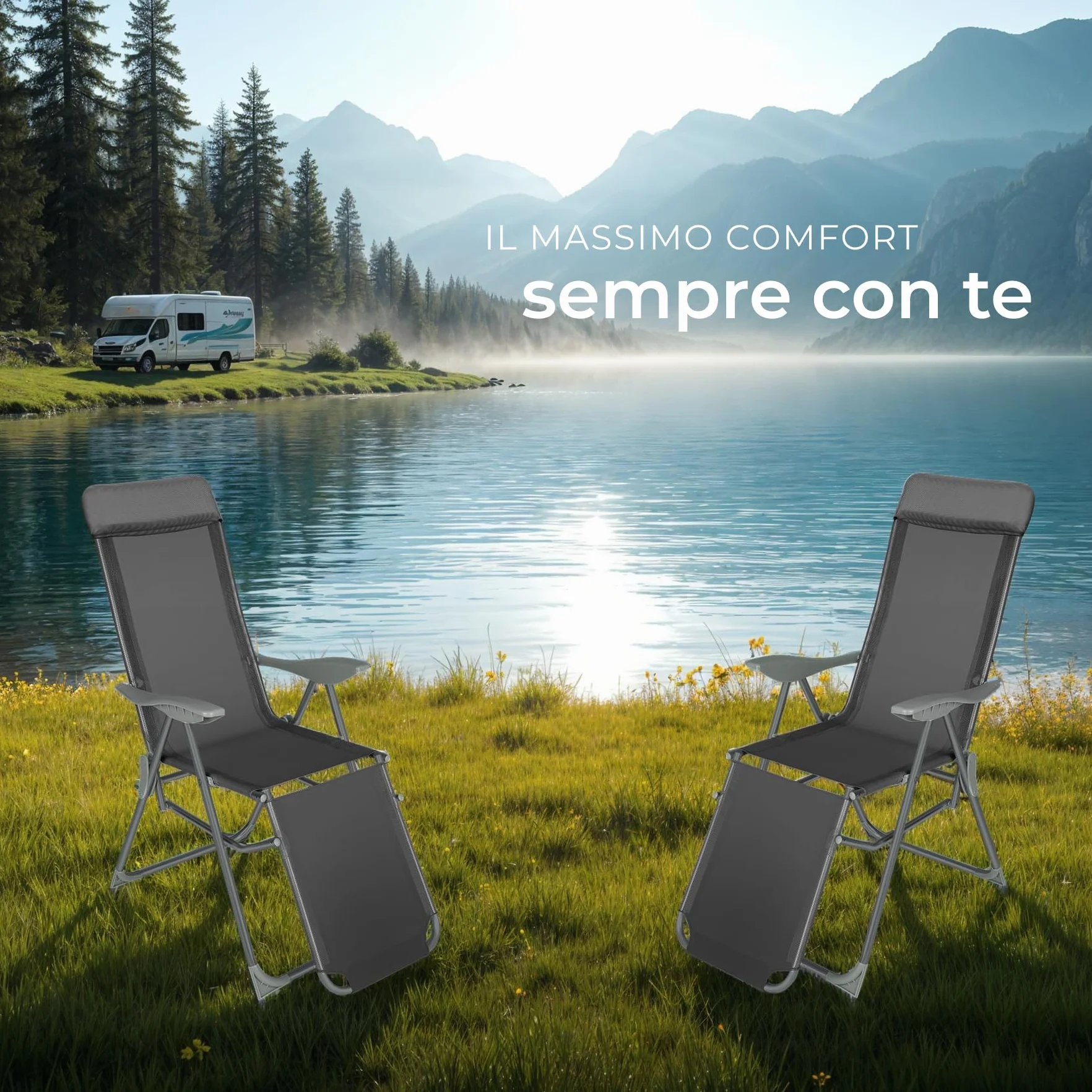Set di 2 Sedie Pieghevoli Jana in Alluminio, Schienale Regolabile 5 Posizioni, Poggiatesta Imbottito - Antracite