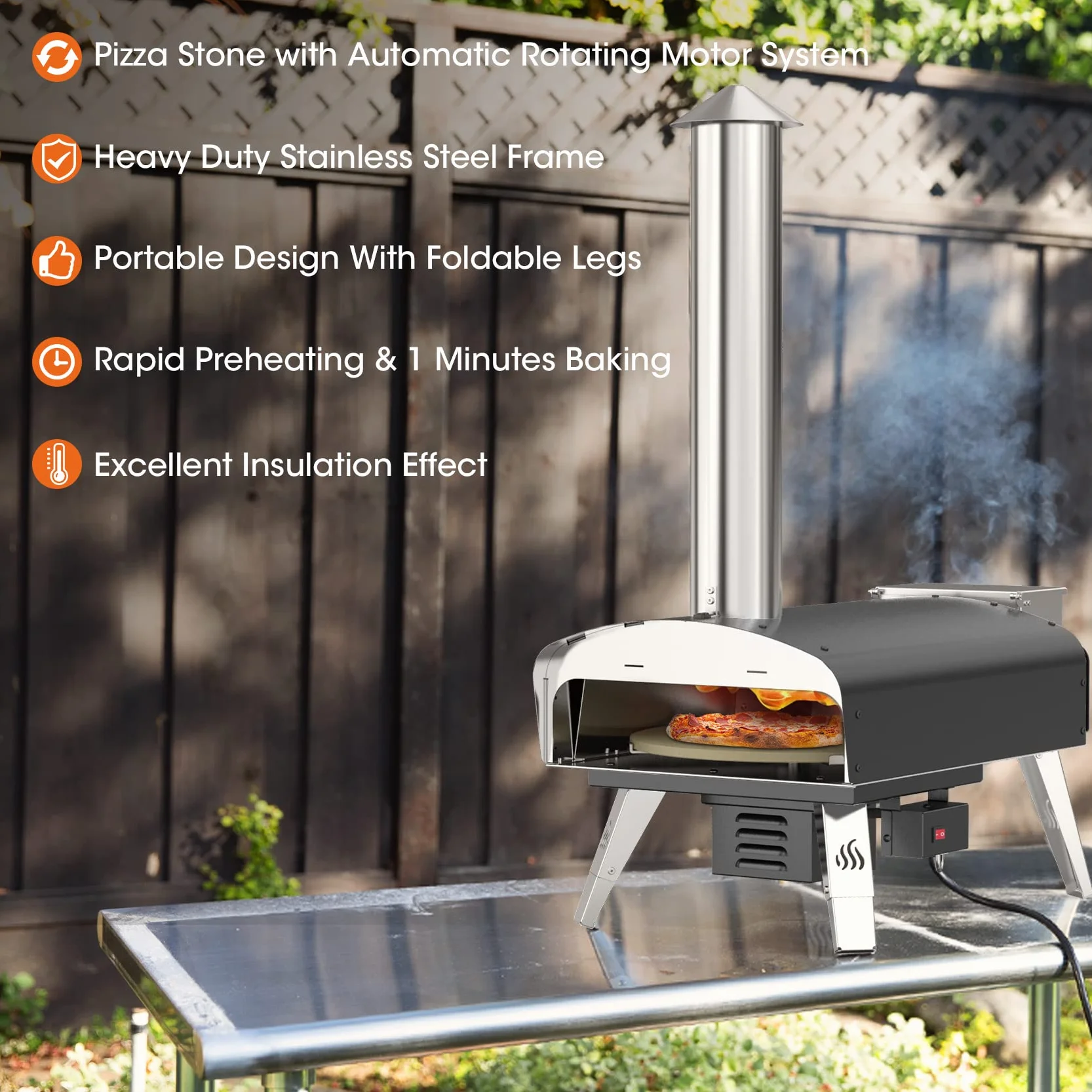 Mimiuo Forno per Pizza a Pellet con Pala e Pietra, Sistema Grill Rotante Automatico, Nero