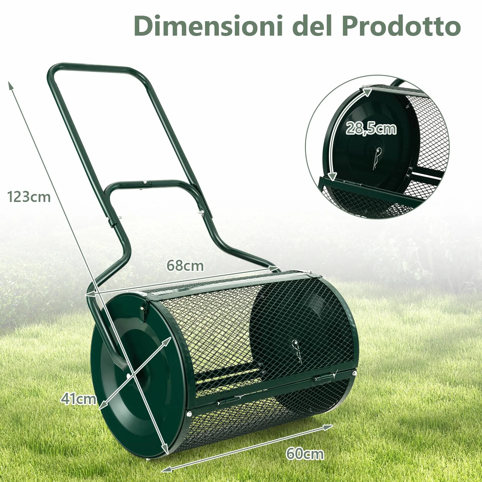 RELAX4LIFE Spandiconcime da 75L, Larghezza 60 cm, Ø Rullo: 41 cm, Spanditore da Giardino/Prato con Cestello in Rete Metallica e Manico, per Compost, Torba, Semi e Terriccio (41 x 60 cm,Verde)