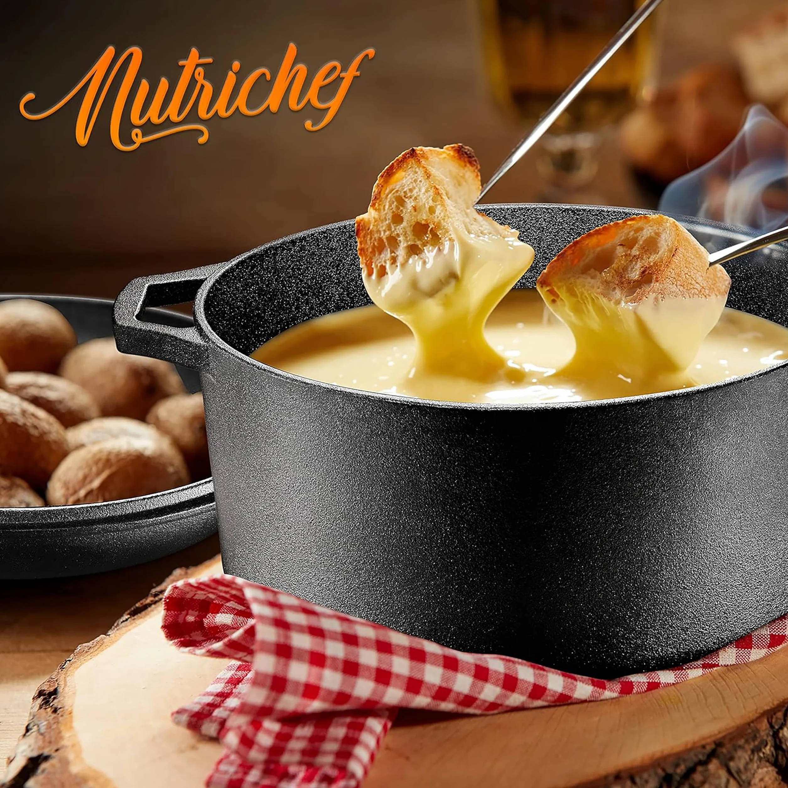 NutriChef Forno Olandese in Ghisa, Antiaderente Pre-Stagionato Doppio, Pentola e Coperchio con Manico, Adatto per Forno, Stufa, Griglia e Campeggio