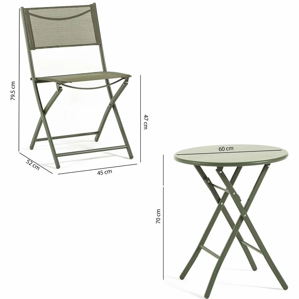 UBERTI. Set Bistrò Pieghevole Balcone Tavolino Rotondo Metallo 2 Sedie Metallo Textilene Verde Oliva