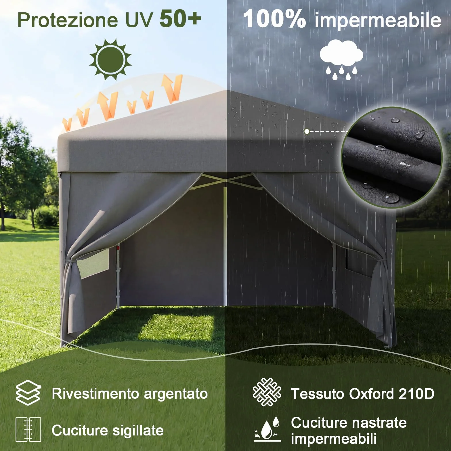 Devoko Gazebo Pieghevole 3x3 Impermeabile Stabile Invernale con Finestra a Rete Aerata, Protezione UV 50+, Tenda da Giardino Campeggio Grigio