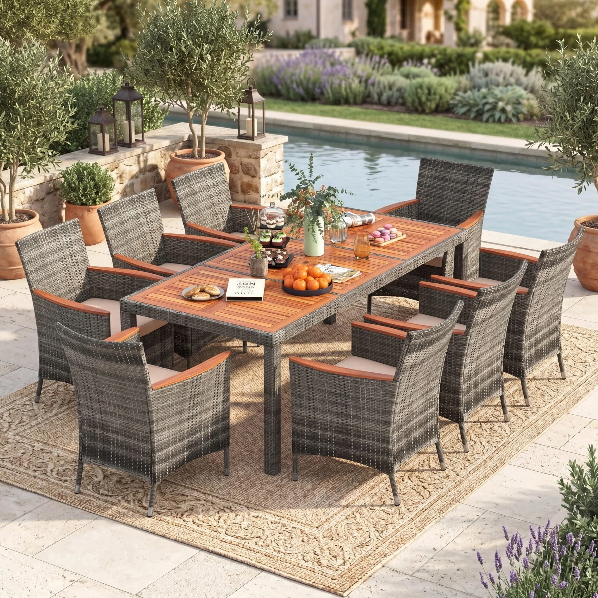 GIANTEX Set di mobili da giardino 9 pezzi, tavolo e sedie in rattan, grigio