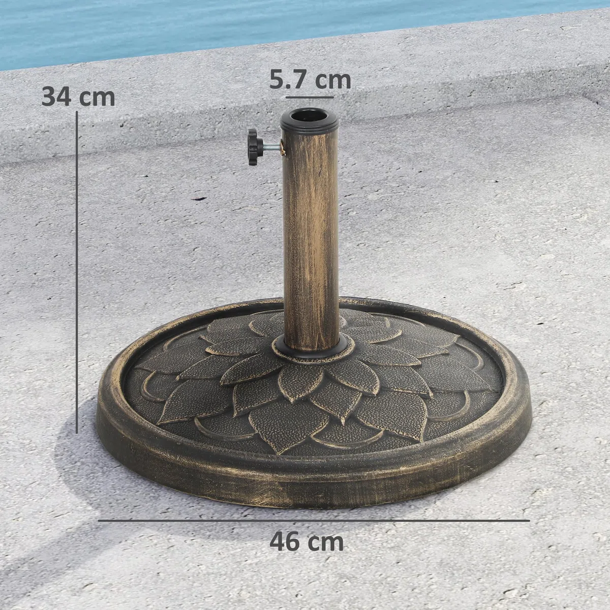 Outsunny Base per Ombrellone da 12 kg con Motivo di Fiore di Loto e Manovella Integrata, Basamento per Ombrellone in Resina, Metallo e Cemento, per Pali di Ombrelloni da Ø32/38/48 mm, Bronzo