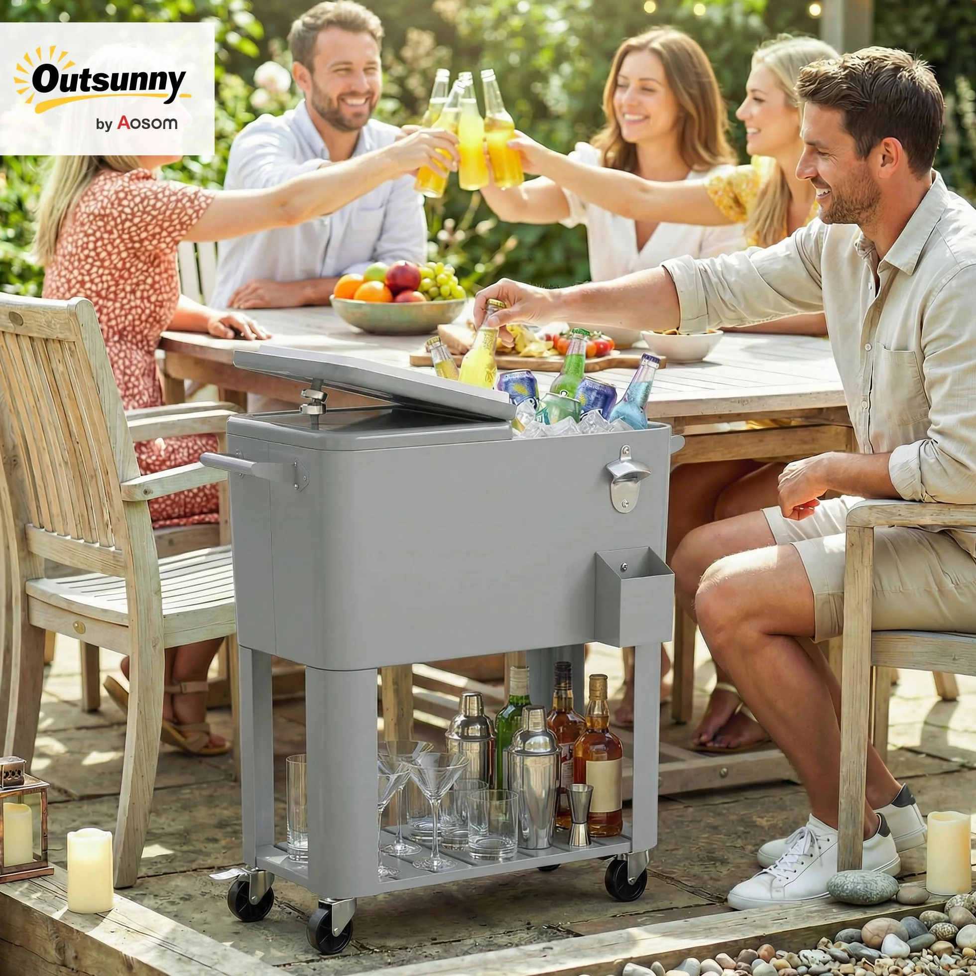 Outsunny Ghiacciaia da Giardino 76L, Carrello Portavivande con Ripiano, Apribottiglie, Ruote Bloccabili, Argento