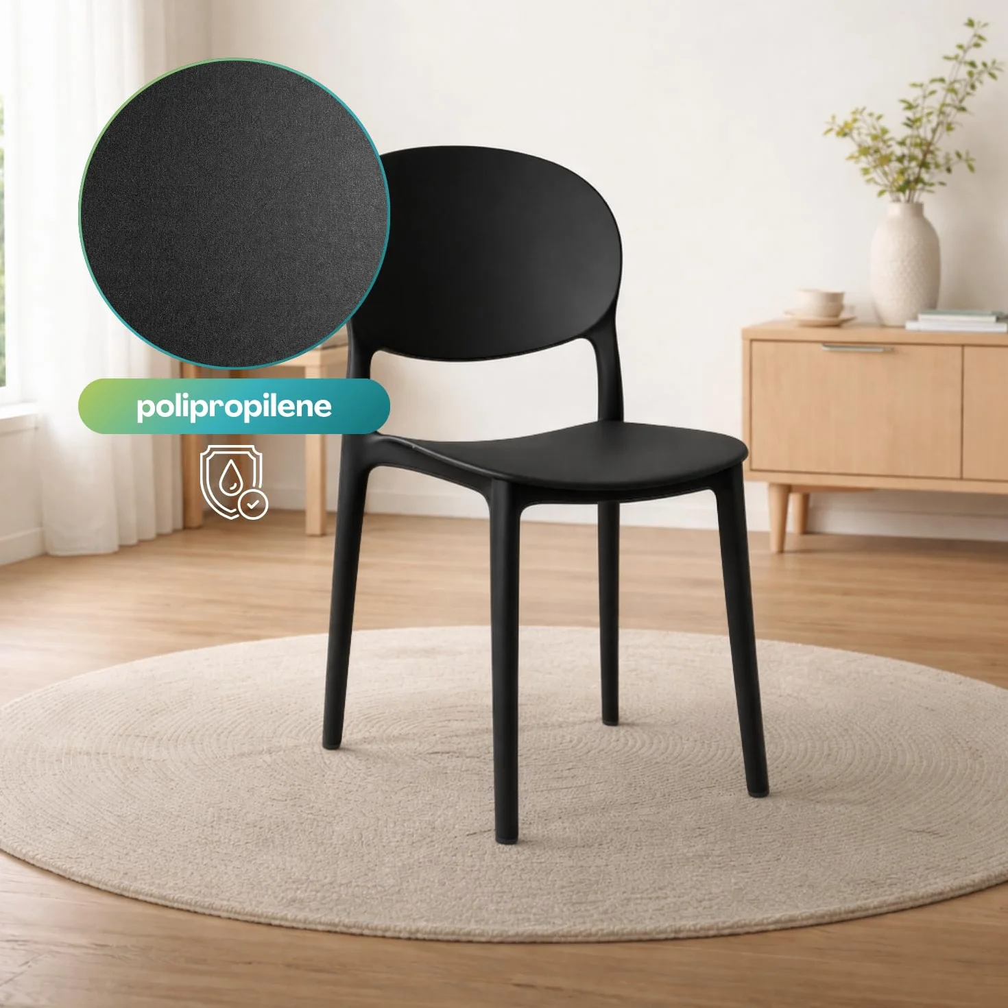 PALUPLUS Set 4 Sedie Oslo Schienale Ovale Polipropilene Impilabili Gommini Antiscivolo Sedia Giardino Esterno Interno Nero 43,5x55x80 cm