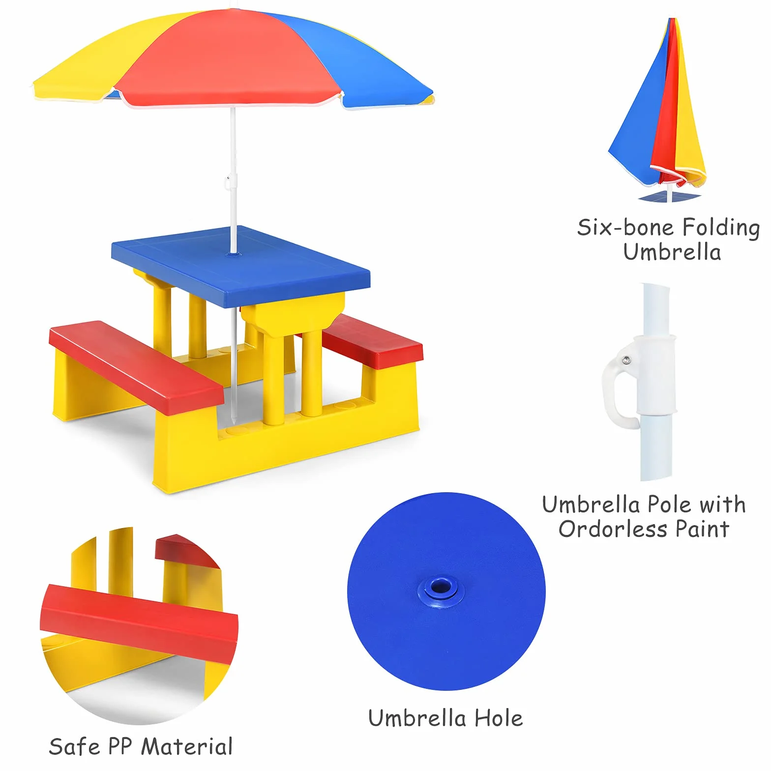 GIANTEX Tavolo da Picnic per Bambini con Parasole Pieghevole Giallo Rosso Blu