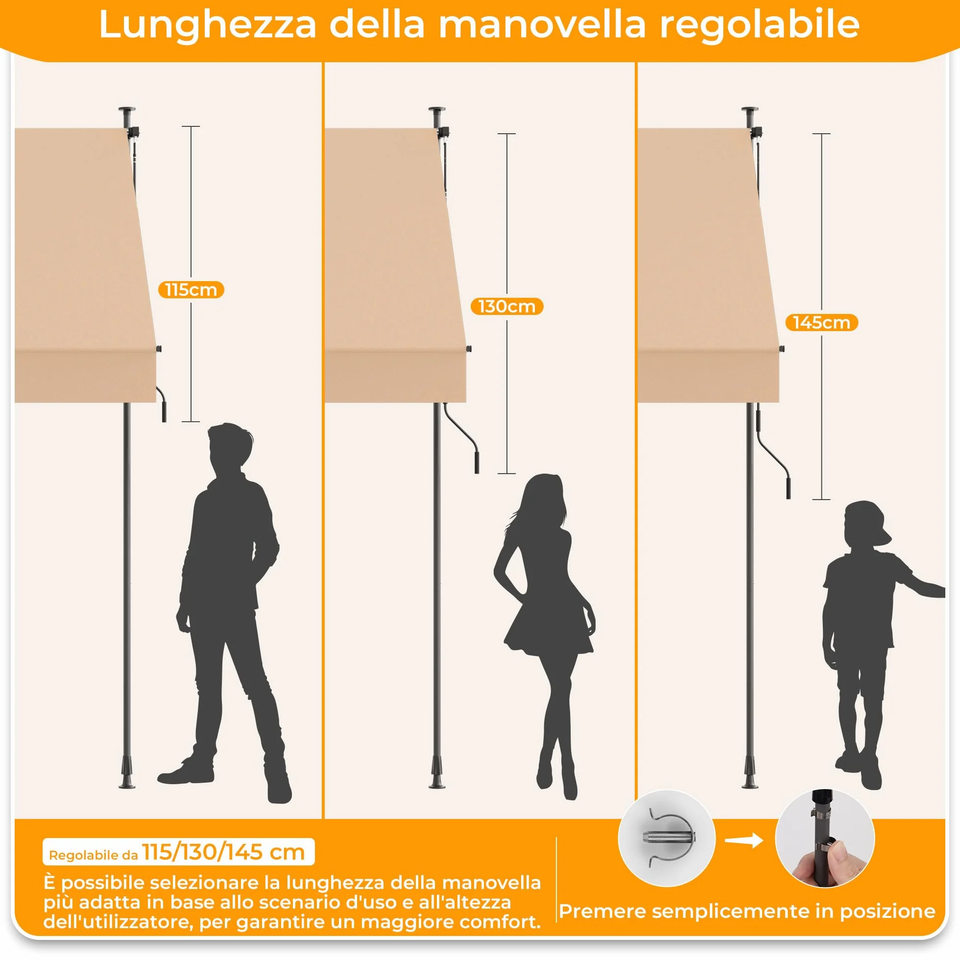 Tenda da Sole a Morsetto con manovella regolabile, Impermeabile Anti-UV, 200 cm x (120-150) cm Cachi