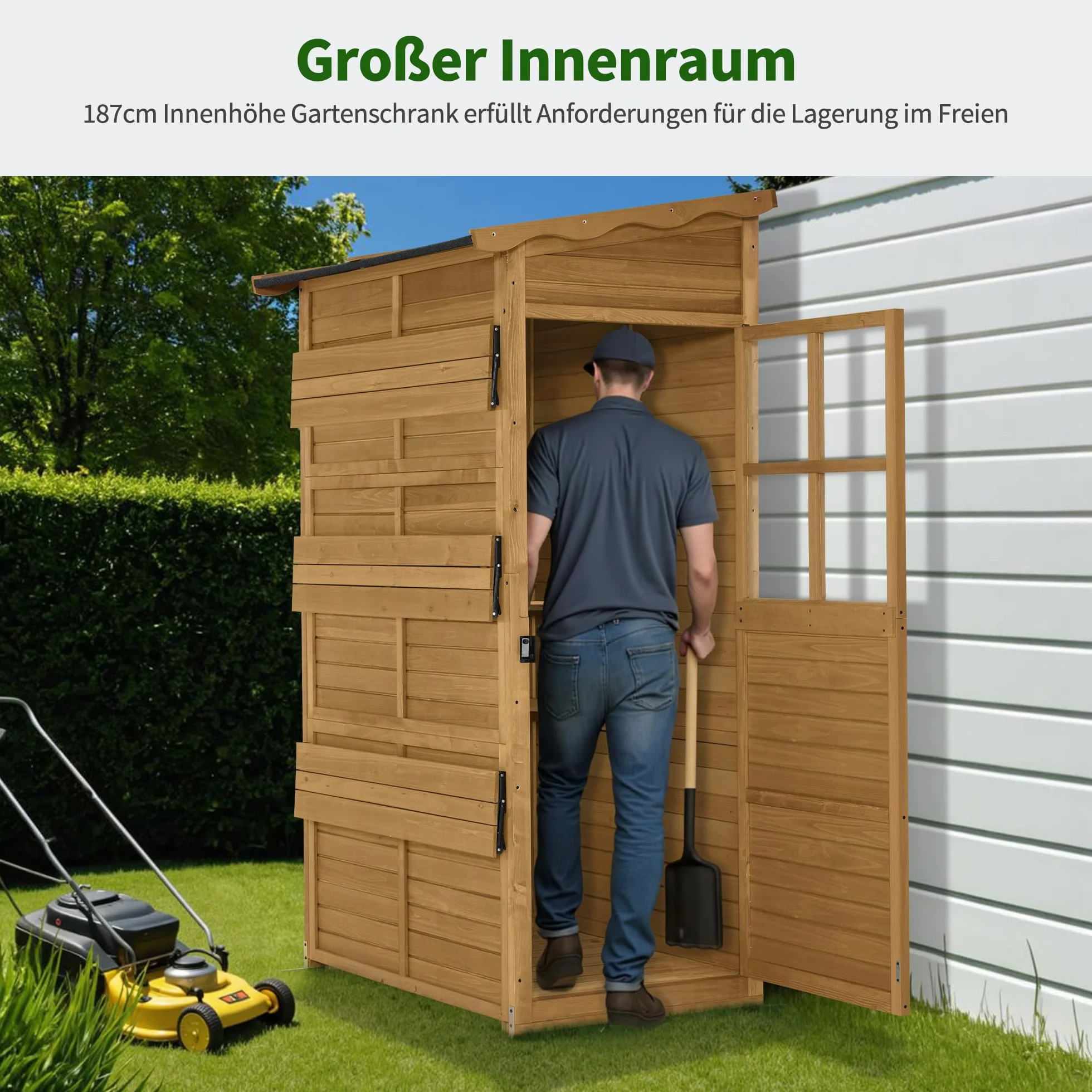 M MCombo Armadio da giardino in legno, casetta da giardino resistente alle intemperie, impermeabile, per balcone terrazzo esterno, mobile contenitore con ripiano regolabile 86×120×201 cm，1753 (Natura)