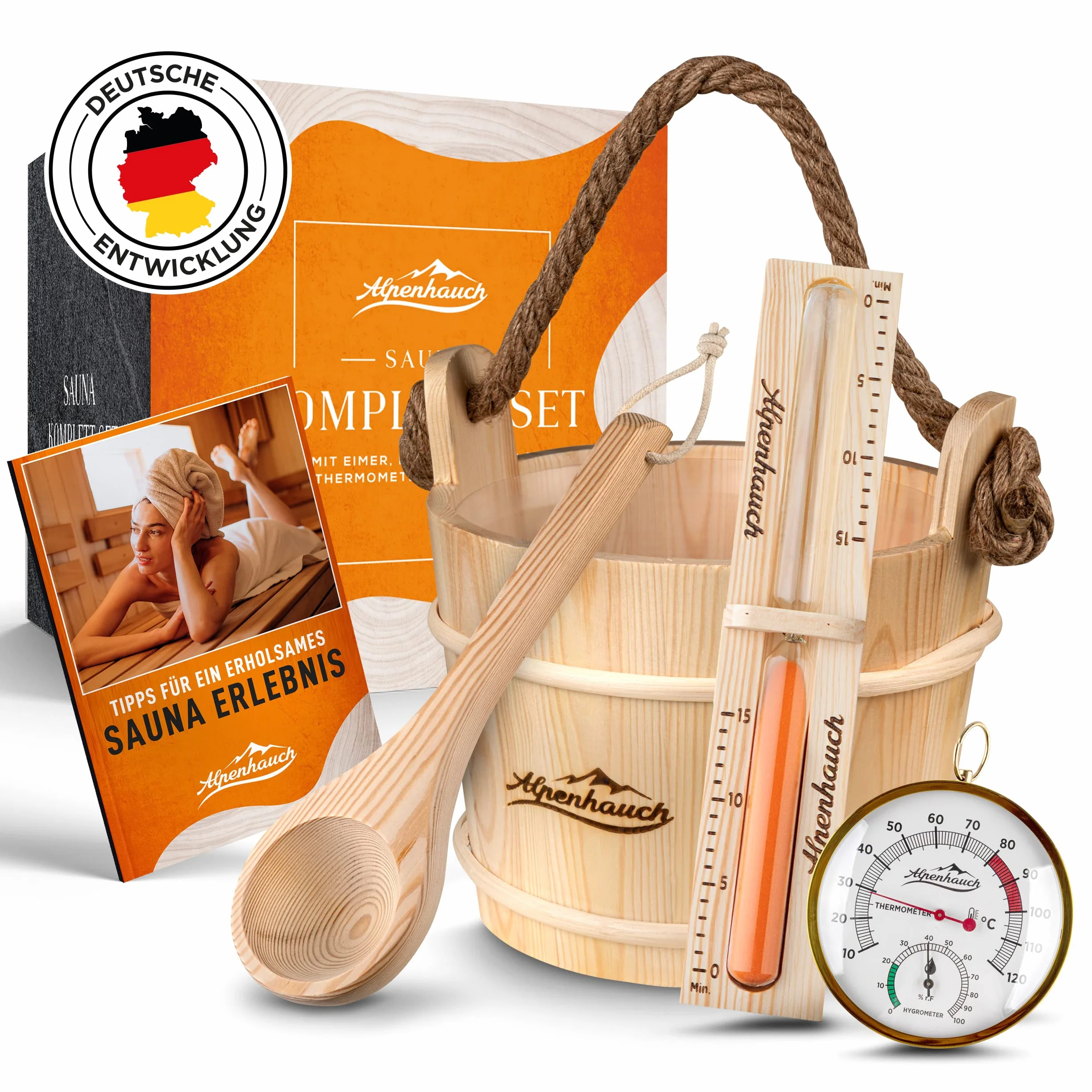 ALPENHAUCH Secchio per sauna con cazzuola in legno naturale – Set accessori per sauna con clessidra e termometro/igrometro