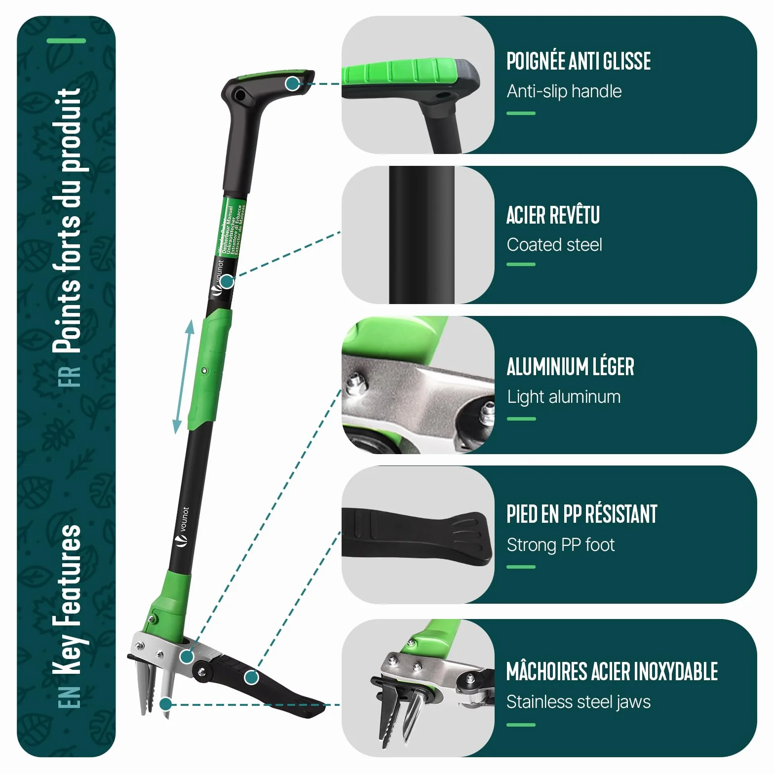 VOUNOT® Estrattore Manuale Erbacce con Artigli Acciaio Inox e Pedale, Estirpatore in Piedi Diserbante Erbacce Sarchiatore Attrezzi da Giardino, Strumento Diserbatrice Manuale Prato Manico Lungo 100cm