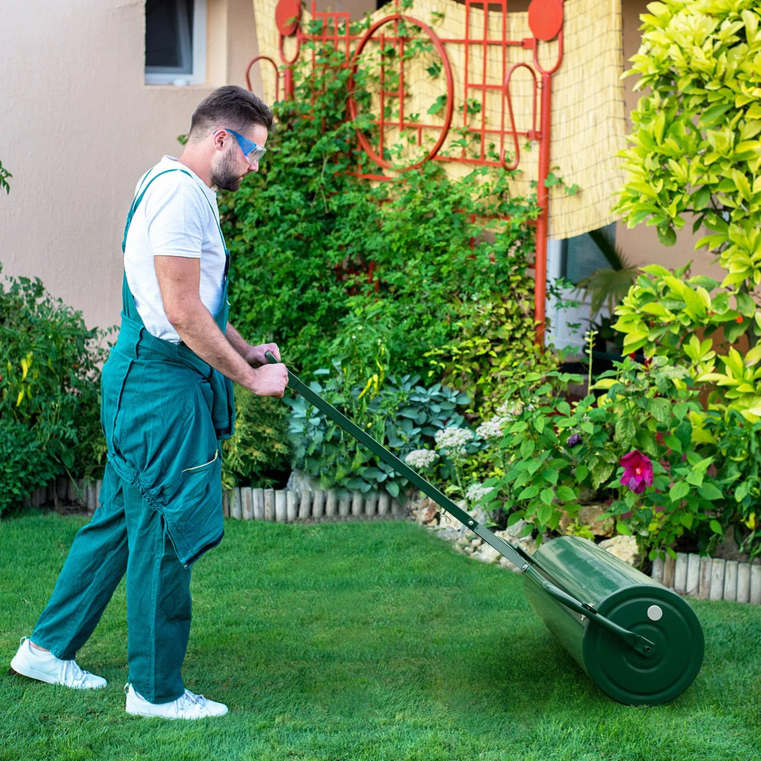 RELAX4LIFE 63L Rullo da Giardino per Prato, Larghezza 90 cm, Ø Rullo: 30 cm, Rullo Giardino Compattatore, Rullo Riempibile con Acqua e Sabbia per Giardino e Patio (63L-137 x 90 x 30CM, Verde)