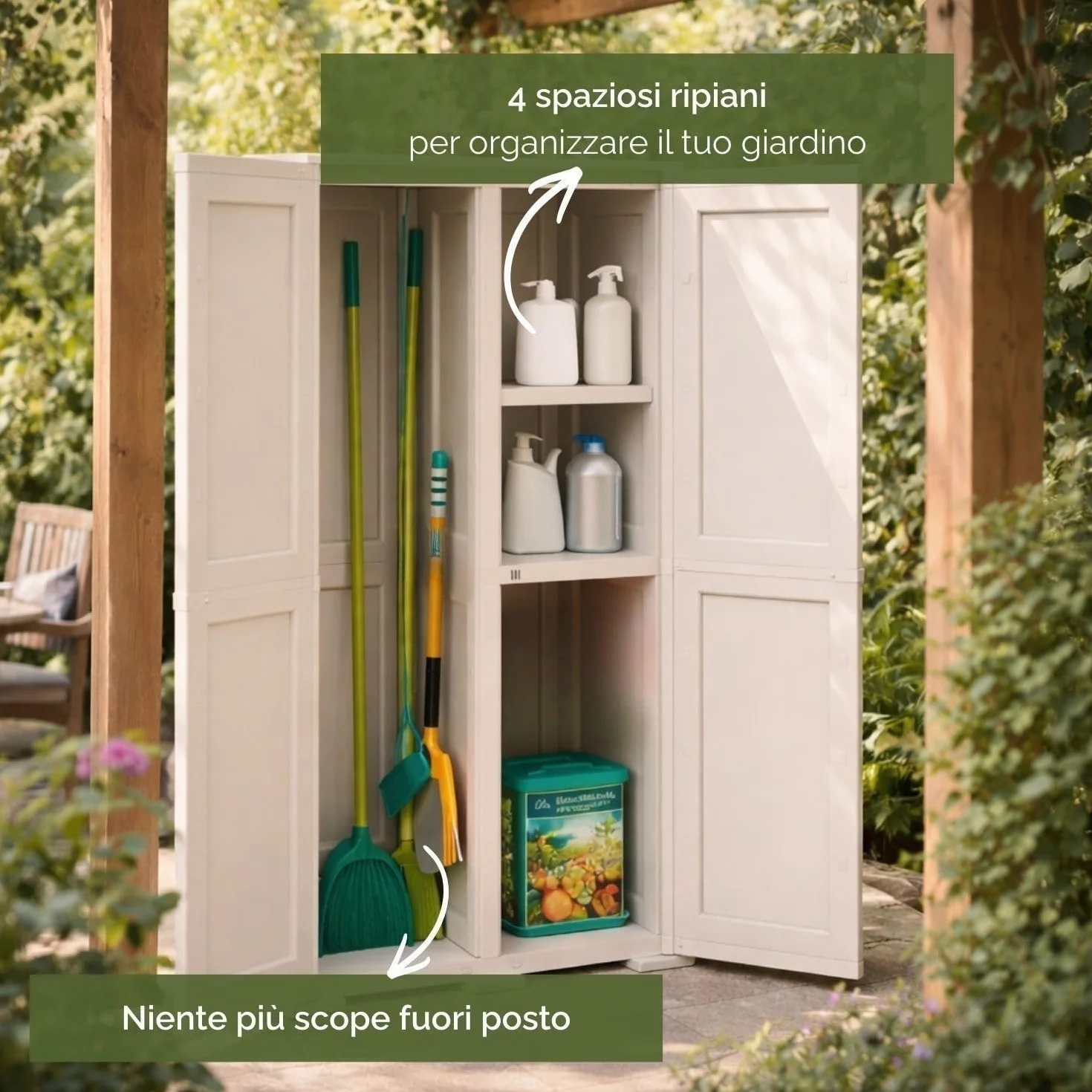 Armadio Alto in Plastica 79x43x164 cm. con 2 Ante e Vano Portascopa – Mobile Contenitore Multiuso Salvaspazio per Organizzazione Casa, Lavanderia e Ripostiglio (Panna)