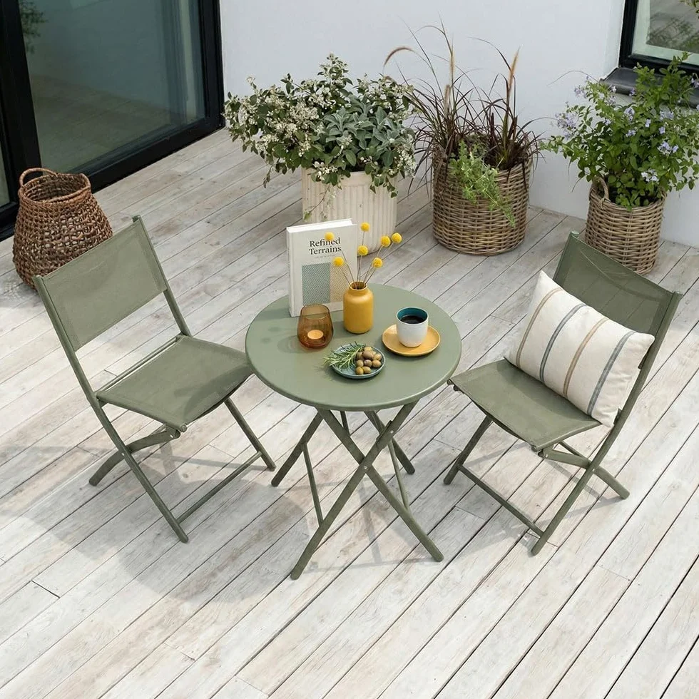 UBERTI. Set Bistrò Pieghevole Balcone Tavolino Rotondo Metallo 2 Sedie Metallo Textilene Verde Oliva
