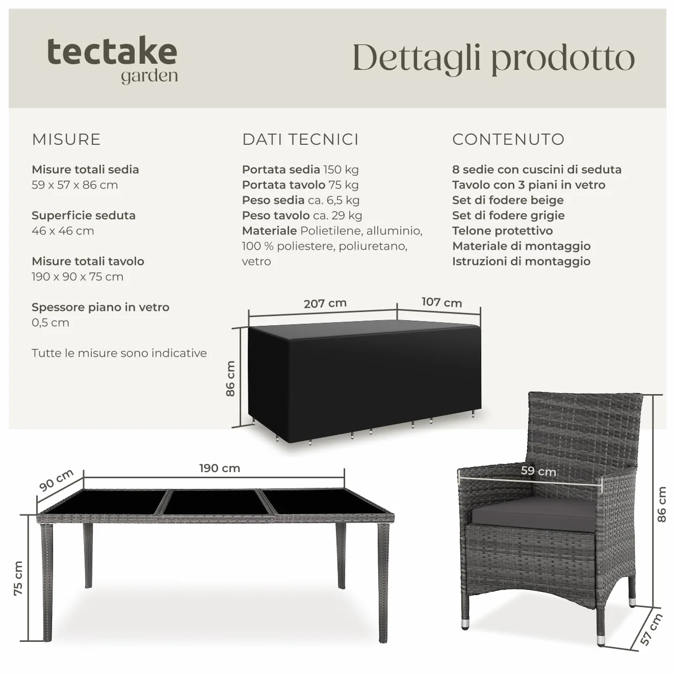 tectake Zestaw Mebli Ogrodowych 8 Krzeseł i Stół z Blatem Szklanym Rattan Szary