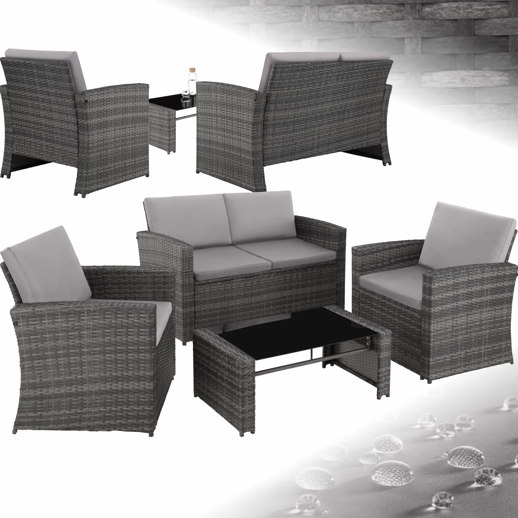 Salottino in Rattan da Giardino Esterno con 2 Poltrone, Divano e Tavolo in Vetro Rimovibile - Grigio/Grigio Chiaro