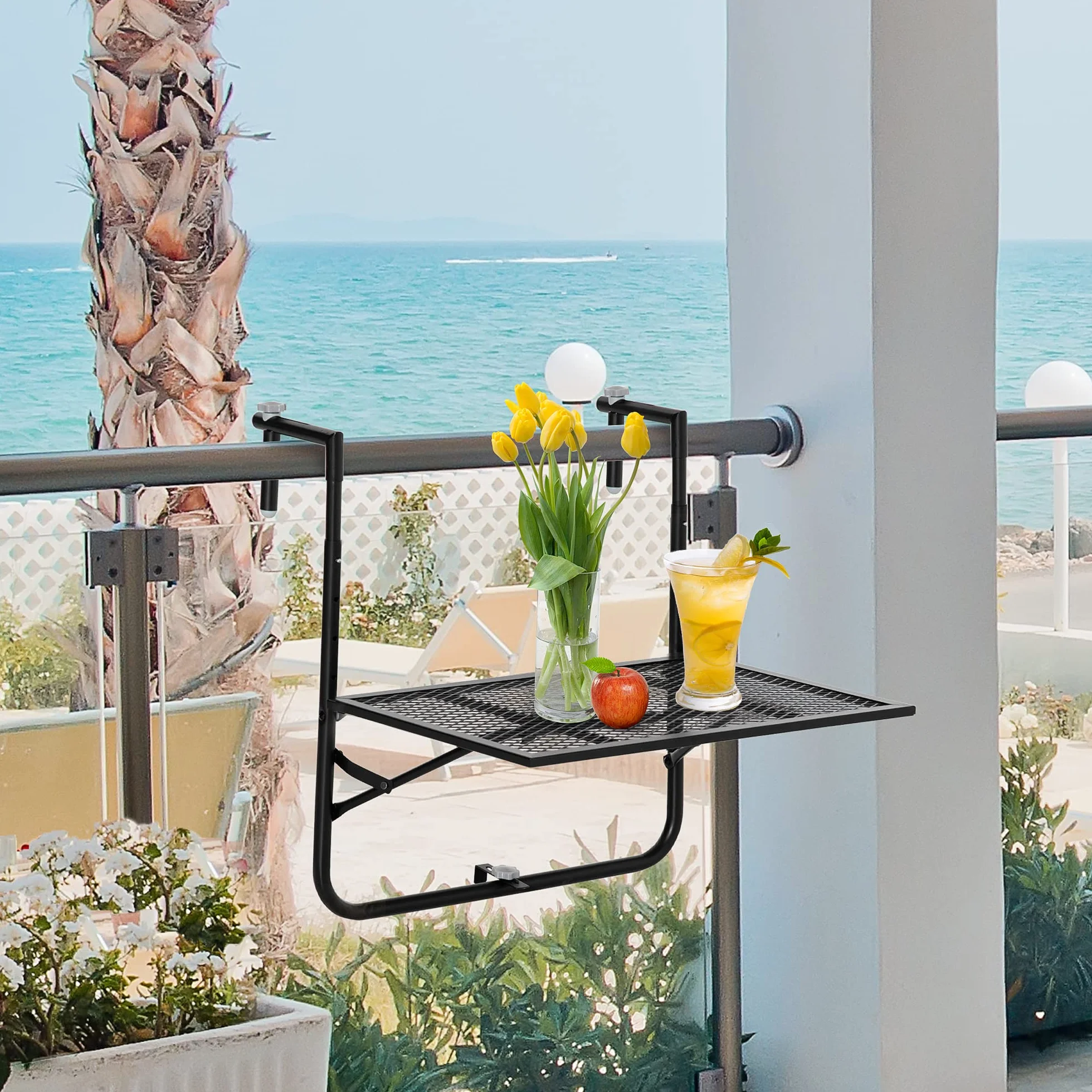 Outsunny Tavolo da Ringhiera Pieghevole in Metallo, 60x60x57-72cm, Nero