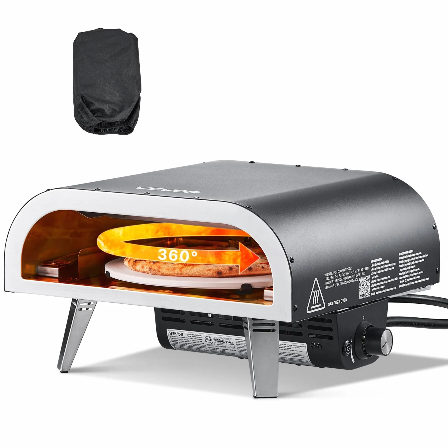 VEVOR Forno per Pizza da Esterno a Gas Propano 304,8 mm con Rotazione Elettrica, Pietra Spessa, Nero