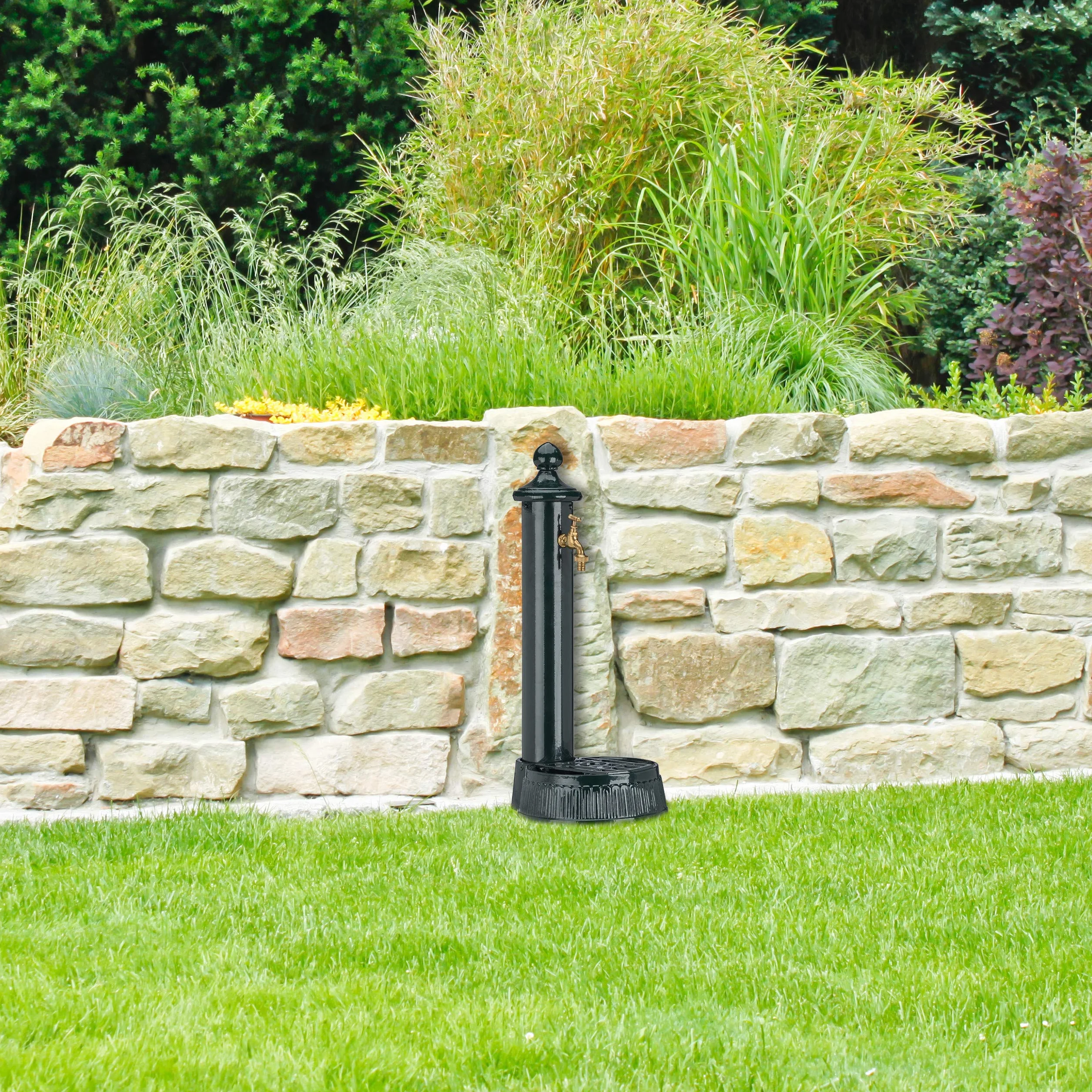 Relaxdays Fontana a Colonna, Giardino, Terrazza, Stile Antico, Rubinetto, Vaschetta, HLP: 61 x 25 x 31 cm, Verde Scuro