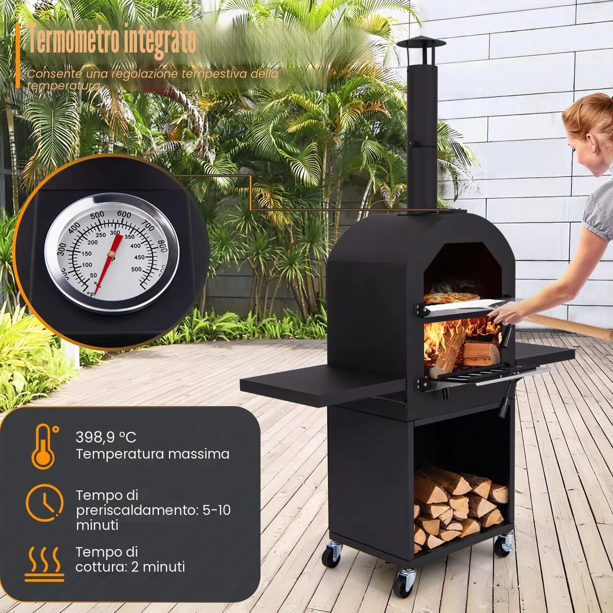 KOMFOTTEU Forno per pizza per esterni portatile 2 strati con borsa trasporto, pala, termometro, cottura per barbecue campeggio picnic